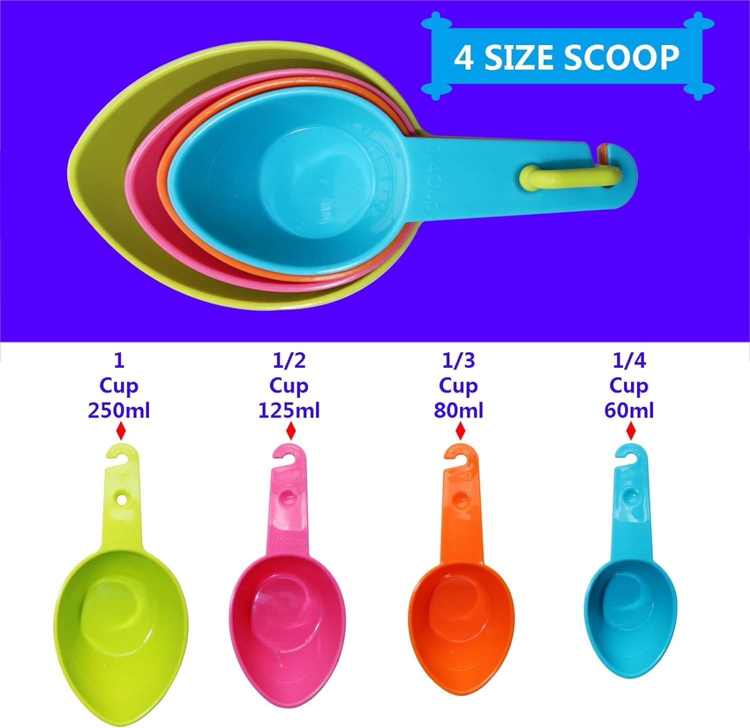 Hooipo 4-Piece Colorful Plastic Measuring Spoon Set - Stackable, Easy to Clean for Baking, Cooking, Tea, Coffee & Spices - Perfect for Liquid & Powder Ingredients - Kitchen Essentials for Home Bakers & Chefs