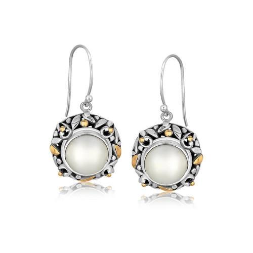 18K Yellow Gold & Sterling Silver Pearl Drop Earrings with Leaf Design - Elegant Dangle Earrings for Women, Perfect for Weddings, Parties & Special Occasions