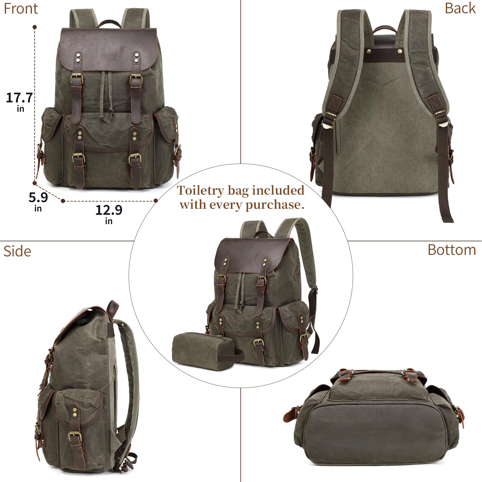 **Genuine Leather & Waxed Canvas Vintage Backpack for Men - Durable Shoulder Rucksack with Toiletry Bag - Perfect for Travel, Camping, Hiking & Daily Commute (Army Green)**
