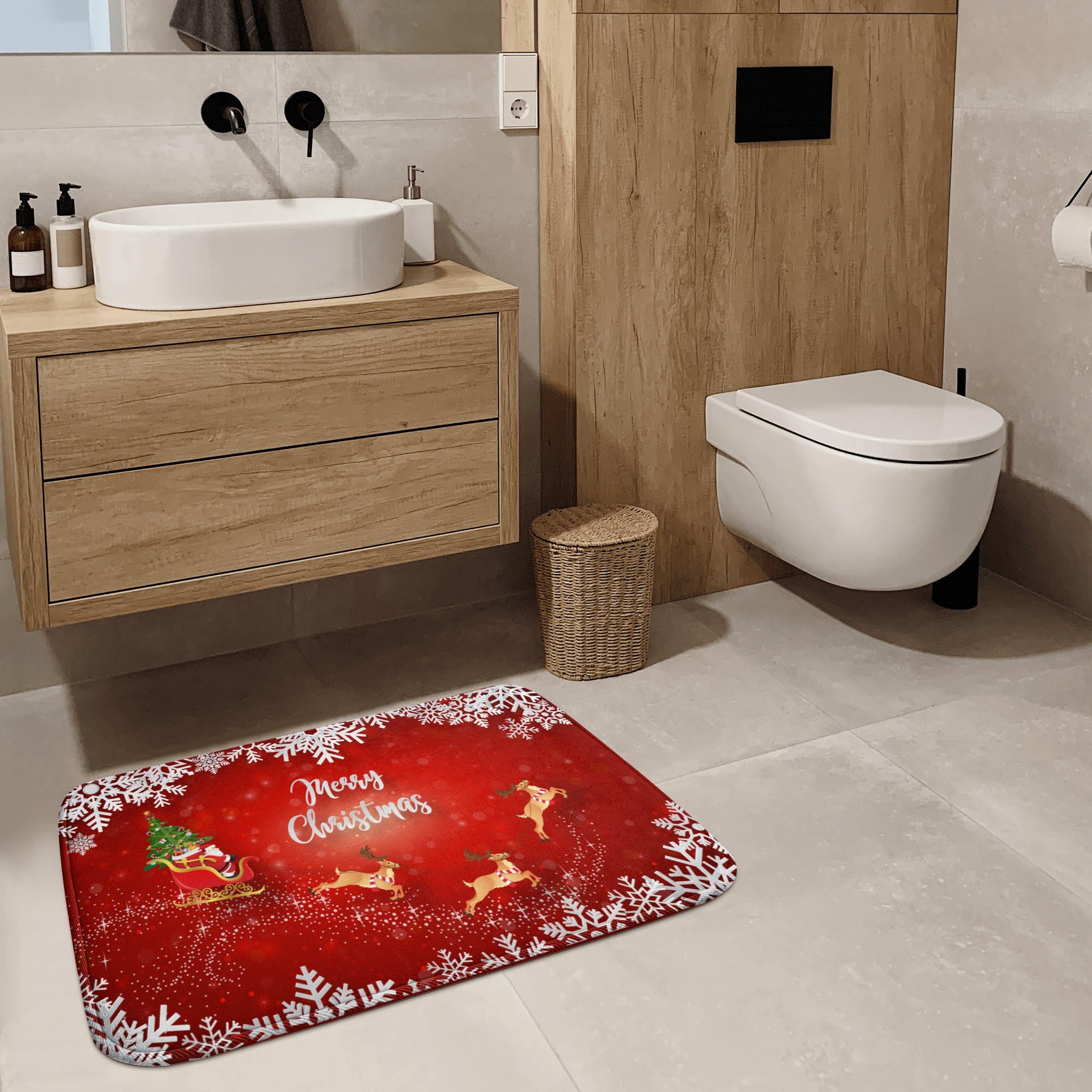 Non-Slip Christmas Snowflake Santa Elk Bath Mat - 24x17 Inch Absorbent Flannel Bathroom Rug for Quick Drying | Perfect for Bathroom, Shower, Bedroom & Kitchen Decor | Holiday Home Accent Gift