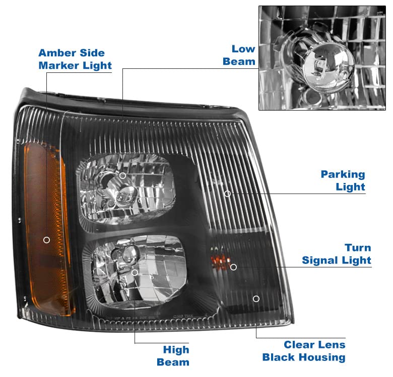 2003-2006 Cadillac Escalade/ESV/EXT Replacement Black Headlights with 6.25