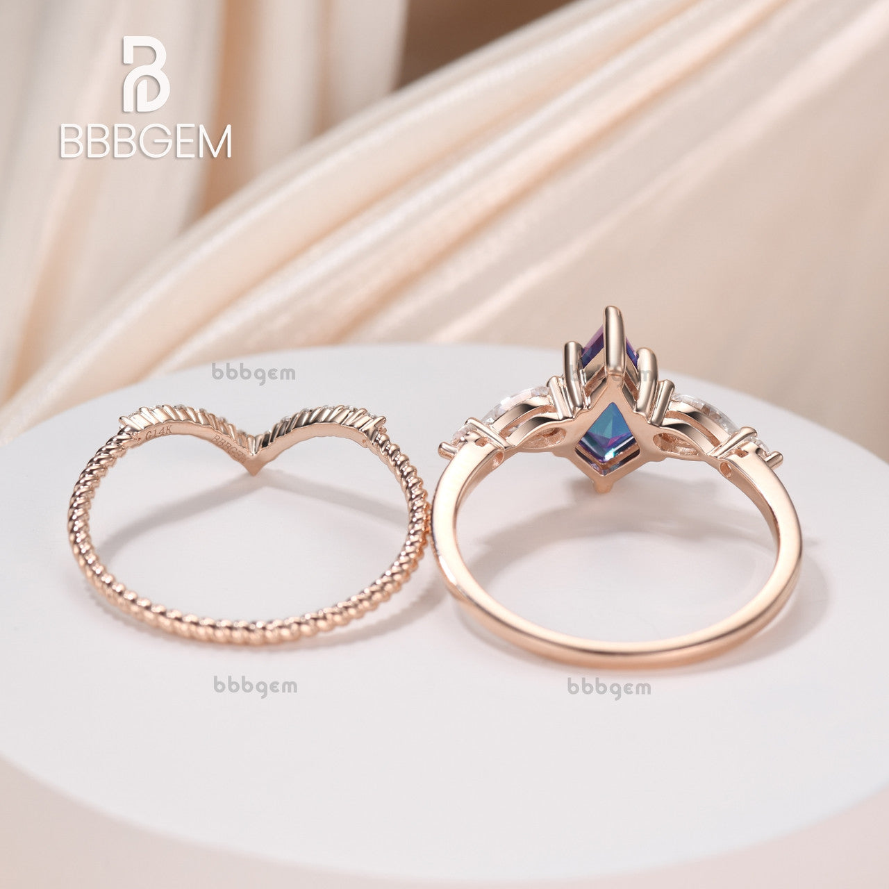 7x10mm Rose Gold Kite Step Cut Alexandrite Engagement Ring Set with Moissanite Wedding Band & Curved V Matching Band | Perfect for Proposals, Anniversaries & Bridal Jewelry