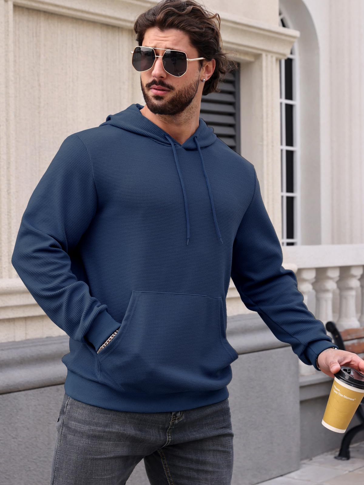 MANSDOUR Men's Casual Long Sleeve Waffle Knit Hoodie with Drawstring & Pocket - Warm Pullover Sweatshirt for Outdoor Activities, Streetwear & Lounge Wear