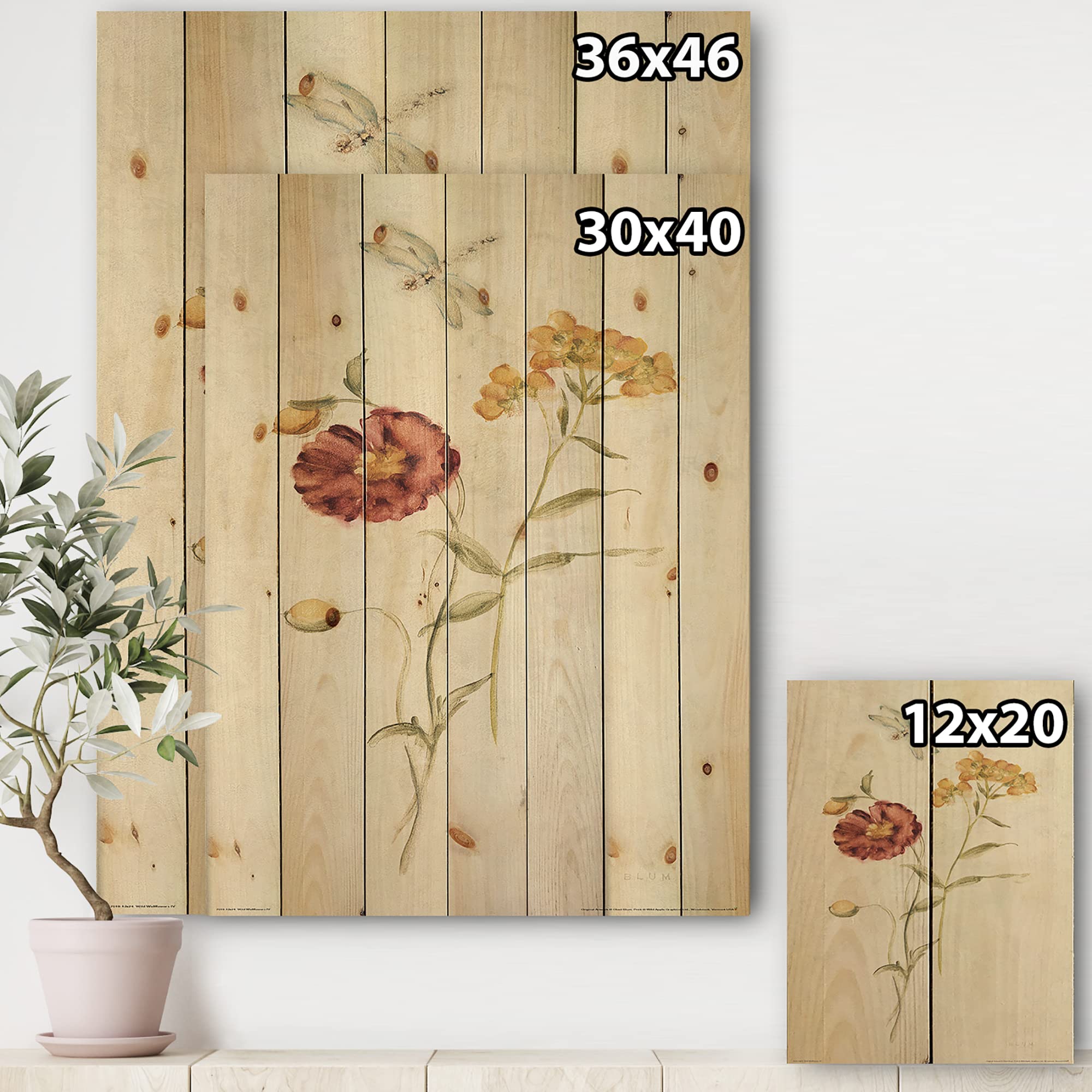 DesignQ Wild Simple Wallflowers III Farmhouse Wood Wall Decor - Large Floral Wood Wall Art Panels Printed on Natural Pine - Perfect for Living Room, Bedroom & Rustic Home Decor