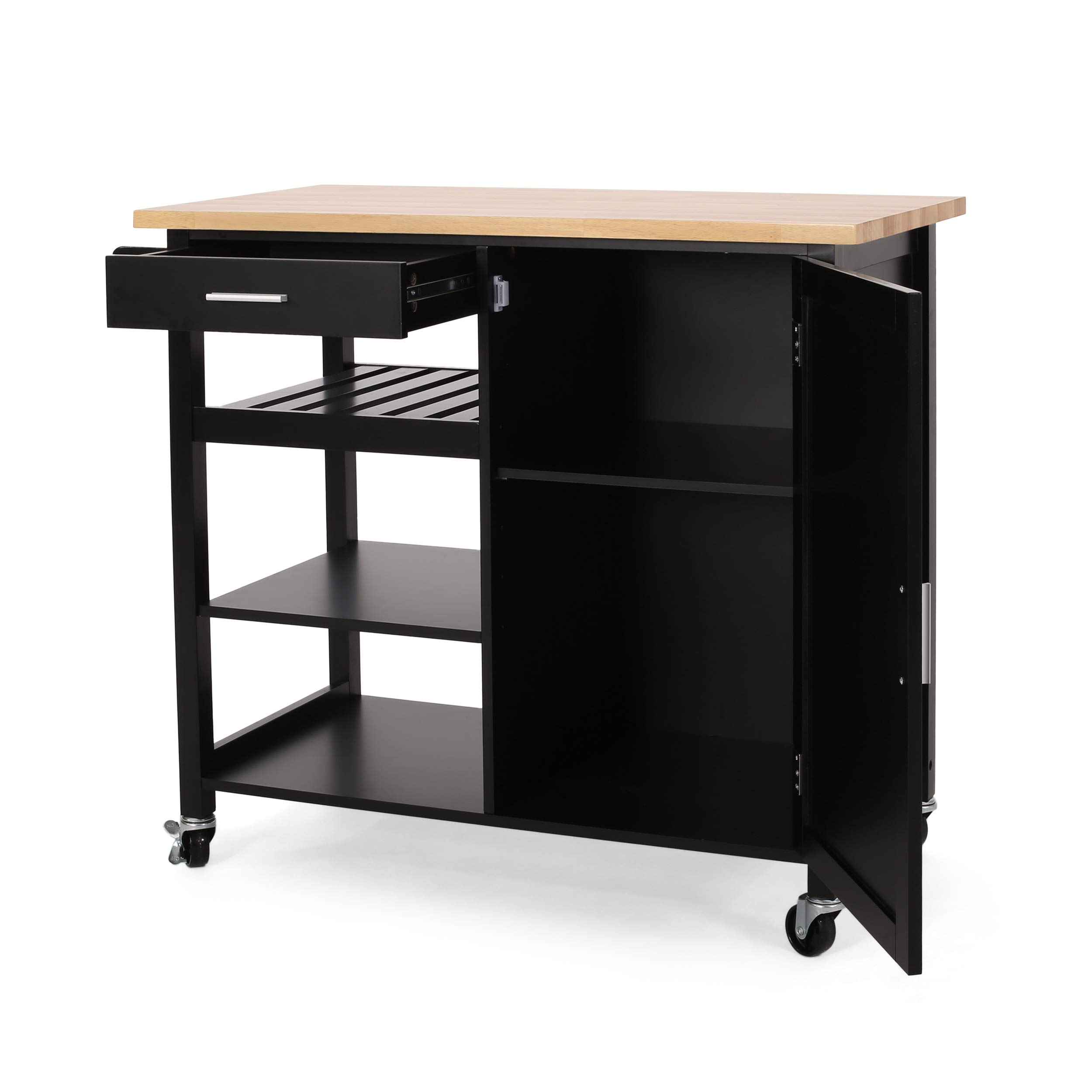 Christopher Knight Home Frances Contemporary Kitchen Cart with Wheels - Natural & Black Finish | Rolling Kitchen Island for Small Spaces, Mobile Bar Cart for Entertaining, Portable Storage for Pantry or Dining Room