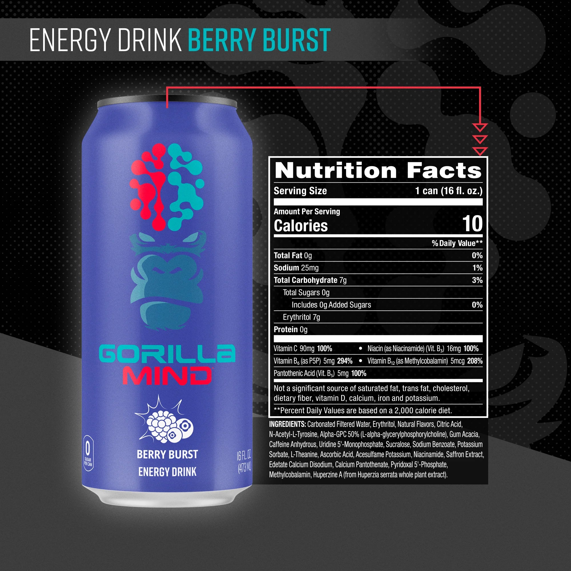Gorilla Mind Energy Drink - Sugar-Free, High Caffeine, Focus & Performance Booster - Perfect for Workouts, Studying & Long Workdays