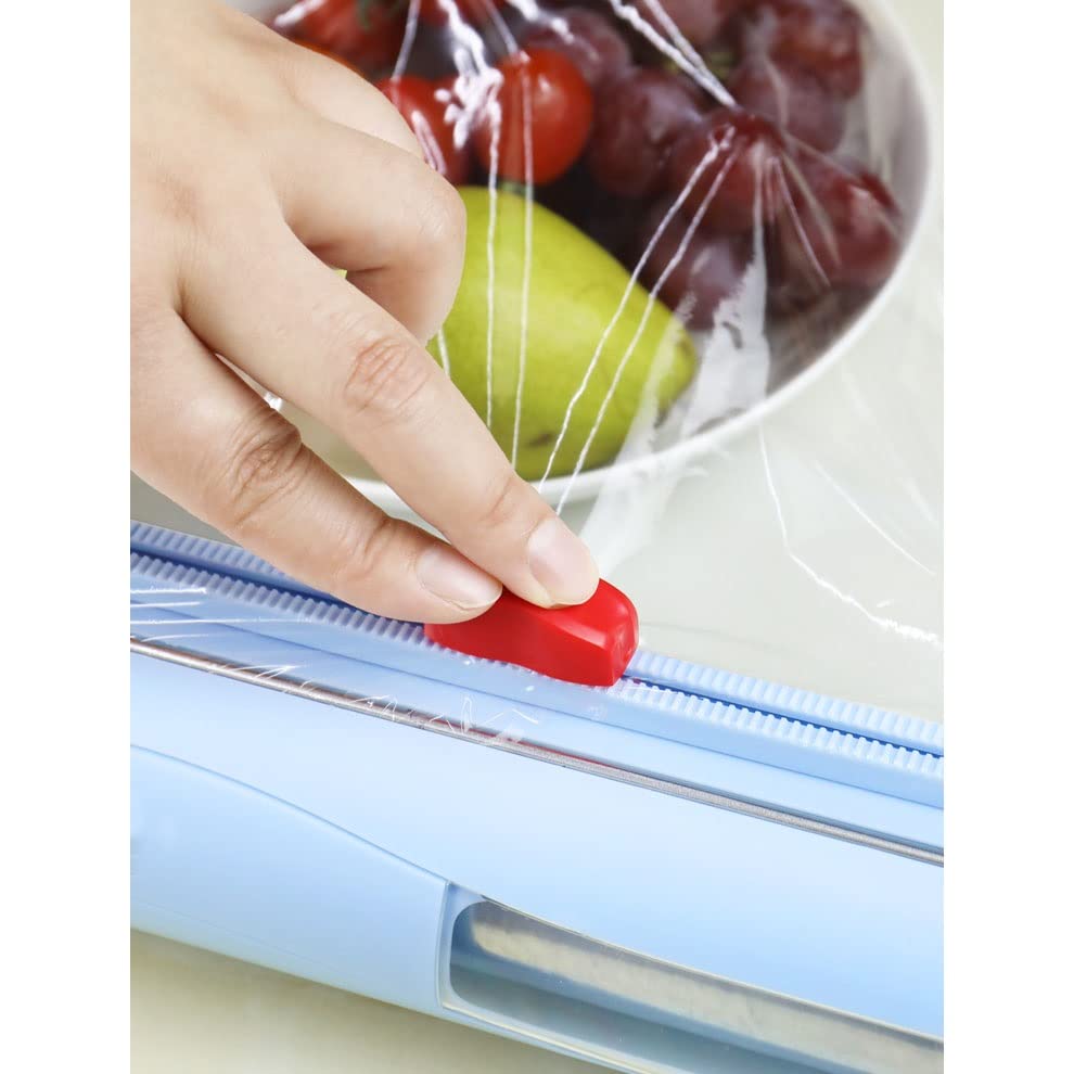 Adjustable Refillable Plastic Wrap Dispenser with Slide Cutter - Magnet Adsorption for Kitchen - Hollow Side Windows Design - Blue (Ideal for Food Storage, Meal Prep & Leftovers)