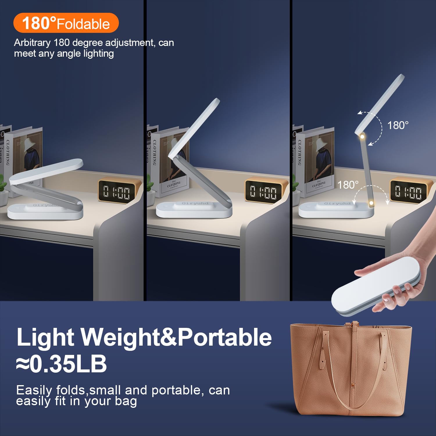 Rechargeable LED Desk Lamp with 3 Brightness Levels - Foldable & Portable Wireless Reading Light for Office, Home, Study - Battery Operated Small Desk Lamp with LED Light Strip (White) | Perfect for Night Reading, Remote Work & Dorm Use