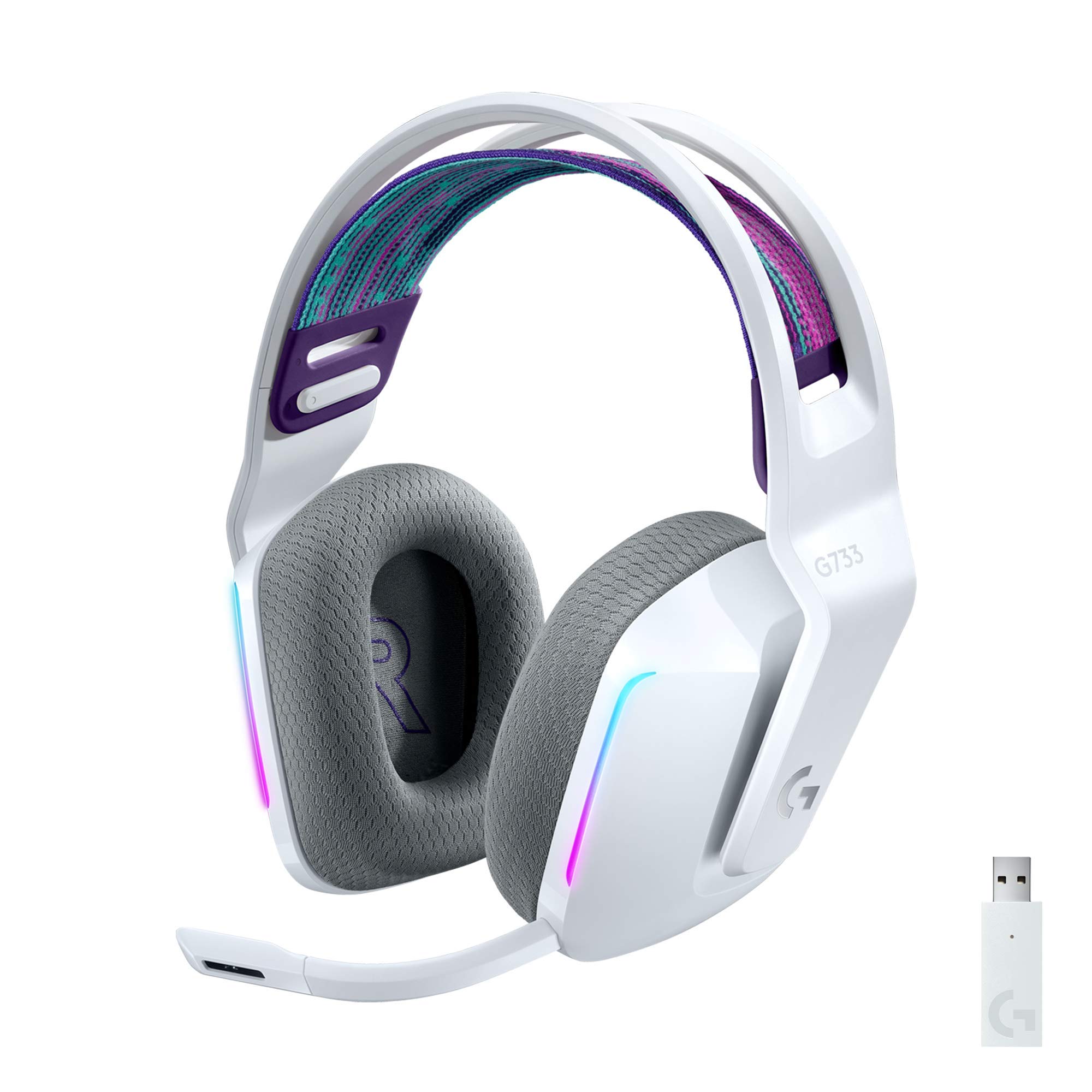 Logitech G733 LIGHTSPEED Wireless Gaming Headset with Suspension Headband, LIGHTSYNC RGB, Blue VO!CE Mic Technology & PRO-G Audio Drivers - White | PC, PS5, Xbox Series X|S Compatible for Immersive Gaming & Streaming