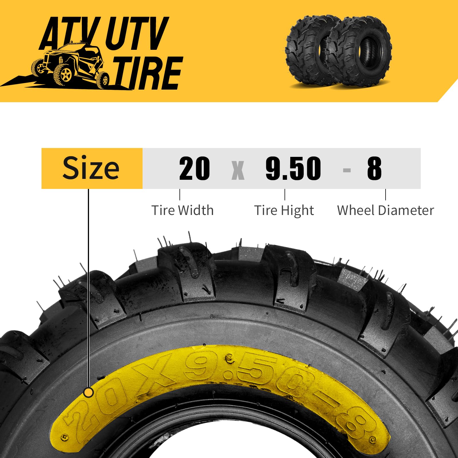 20X9.50-8 ATV Tires - 4 Ply Tubeless All Terrain Mud Tires (Set of 2) for Off-Road Adventures & Trail Riding