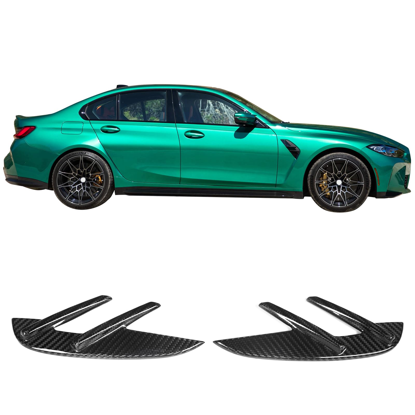 IKON MOTORSPORTS Dry Carbon Fiber Front Fender Side Vents for 2021-2023 BMW G80 M3 Sedan - 2PCS Air Wing Cover Trim OE Style Replacement - Enhance Aerodynamics & Sporty Look for Racing & Street Performance