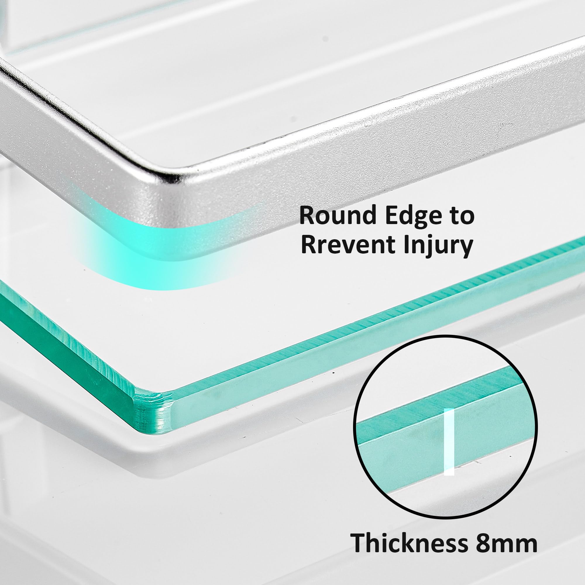 Premium Tempered Glass Bathroom Shelf with Upgraded Bracket - Silver Rectangular Shower Organizer (2 Pack) for Bathroom Storage & Spa Decor - Perfect for Shampoo, Soap & Towel Organization in Showers, Vanities & Spa Areas