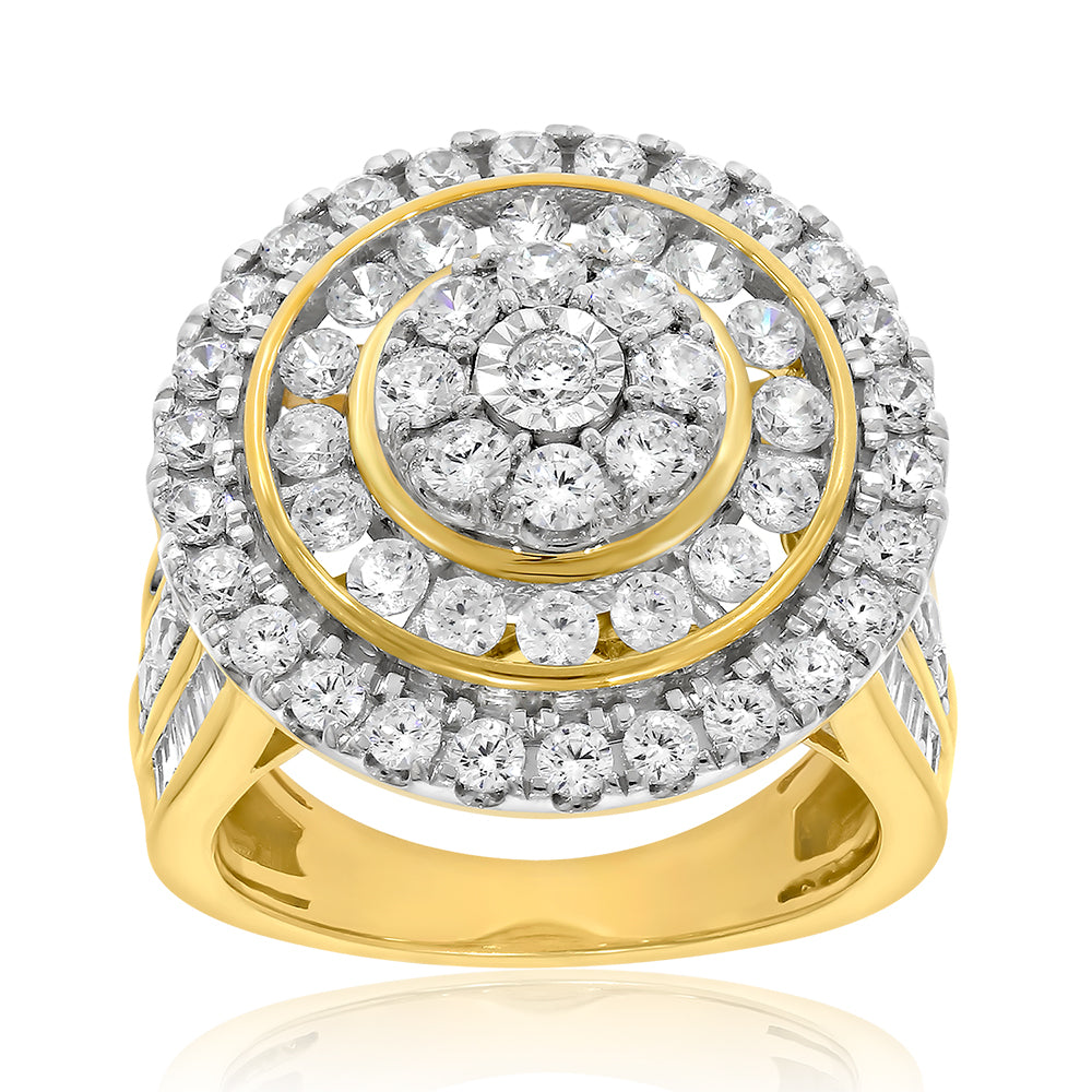 9ct Yellow Gold 3 Carat Diamond Ring with Brilliant & Tapered Baguette Diamonds - Elegant Engagement, Wedding & Anniversary Jewelry Gift for Women