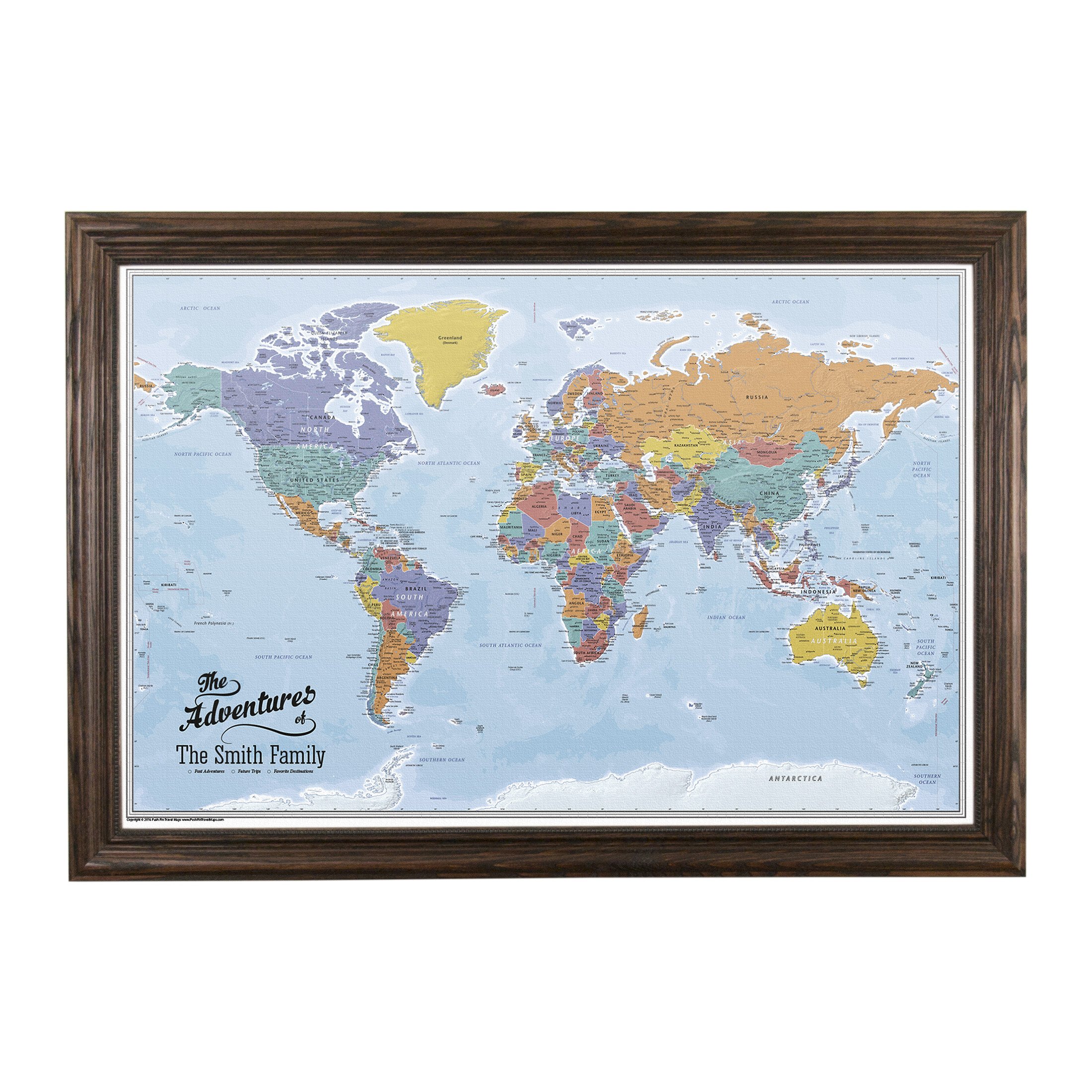 Personalized Blue Oceans World Push Pin Travel Map with Solid Wood Brown Frame - Perfect for Travel Enthusiasts, Home Decor & Office Wall Art