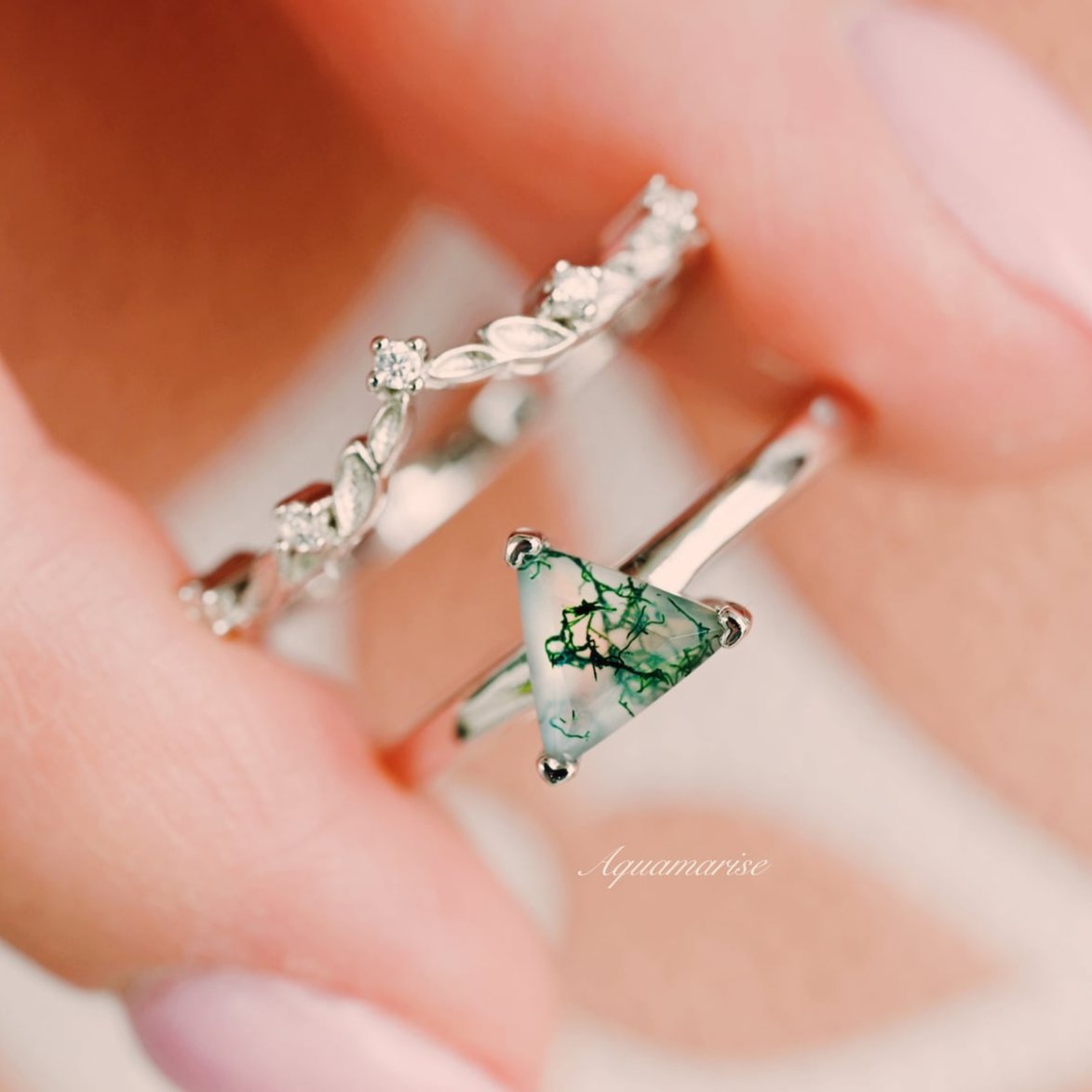 Triangle Cut Green Moss Agate Leaf Ring Set in Sterling Silver - Elegant Nature-Inspired Jewelry for Women, Perfect for Weddings, Parties & Everyday Wear