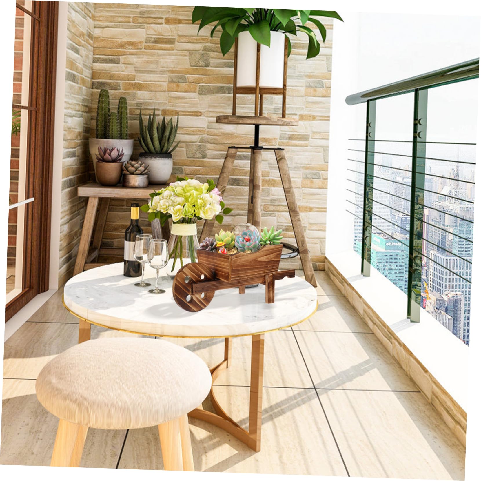 Mini Wooden Wheelbarrow Planter - Decorative Flower Pot Barrel for Indoor Succulents, Plants & Home Decor | Perfect for Dining Table Centerpiece, Child's Room & DIY Crafts