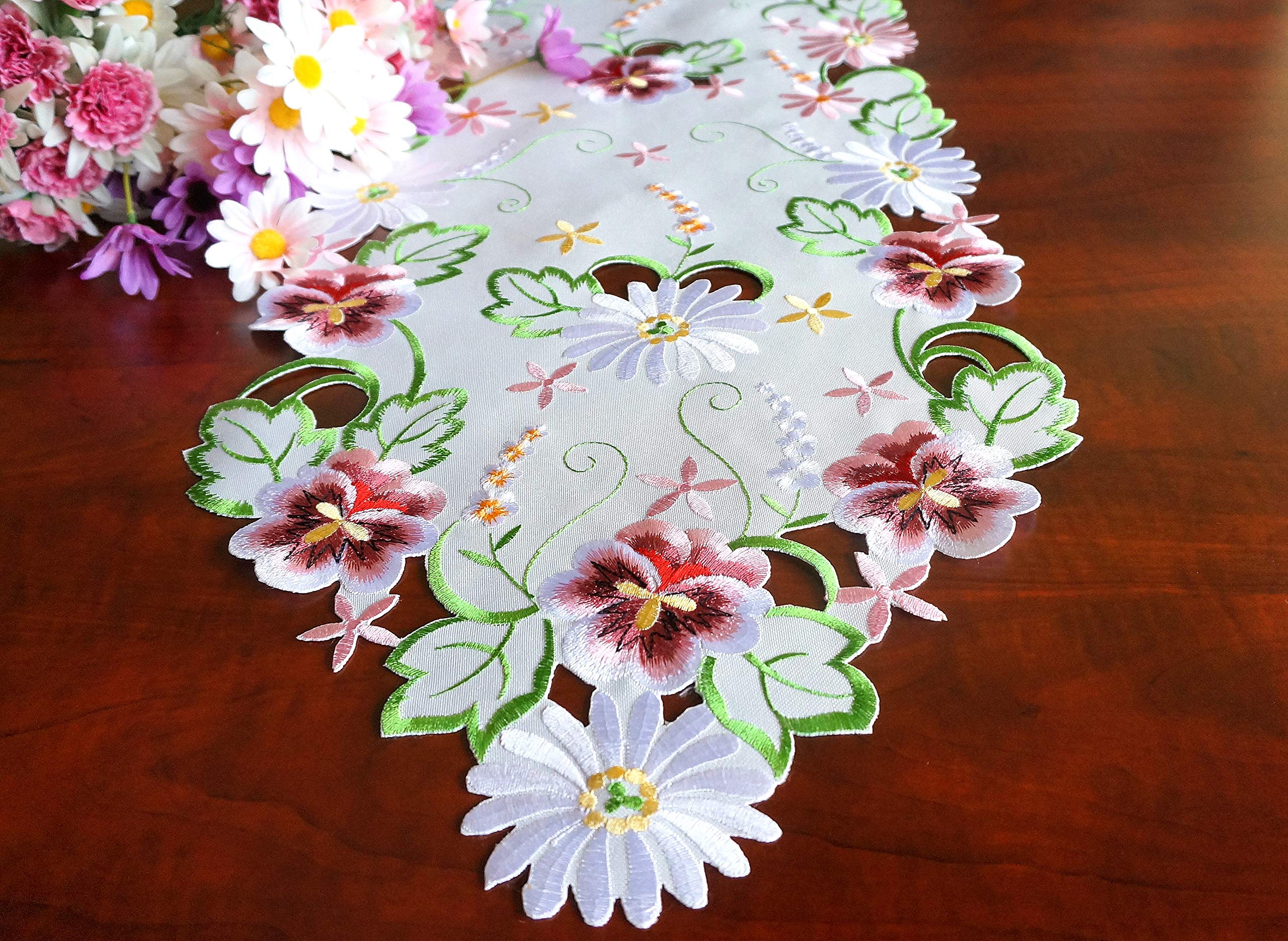 13×54 Inch White Embroidered Cutwork Floral Table Runner - Spring Flower Design for Dining Room, Kitchen, Dresser & Easter Decor - Elegant Home Tabletop Decoration