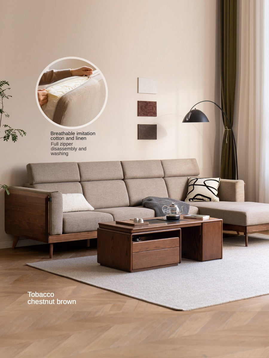 Premium Black Walnut & Ash Solid Wood Adjustable Headrest Sofa - Modern Living Room Furniture for Relaxation & Comfort