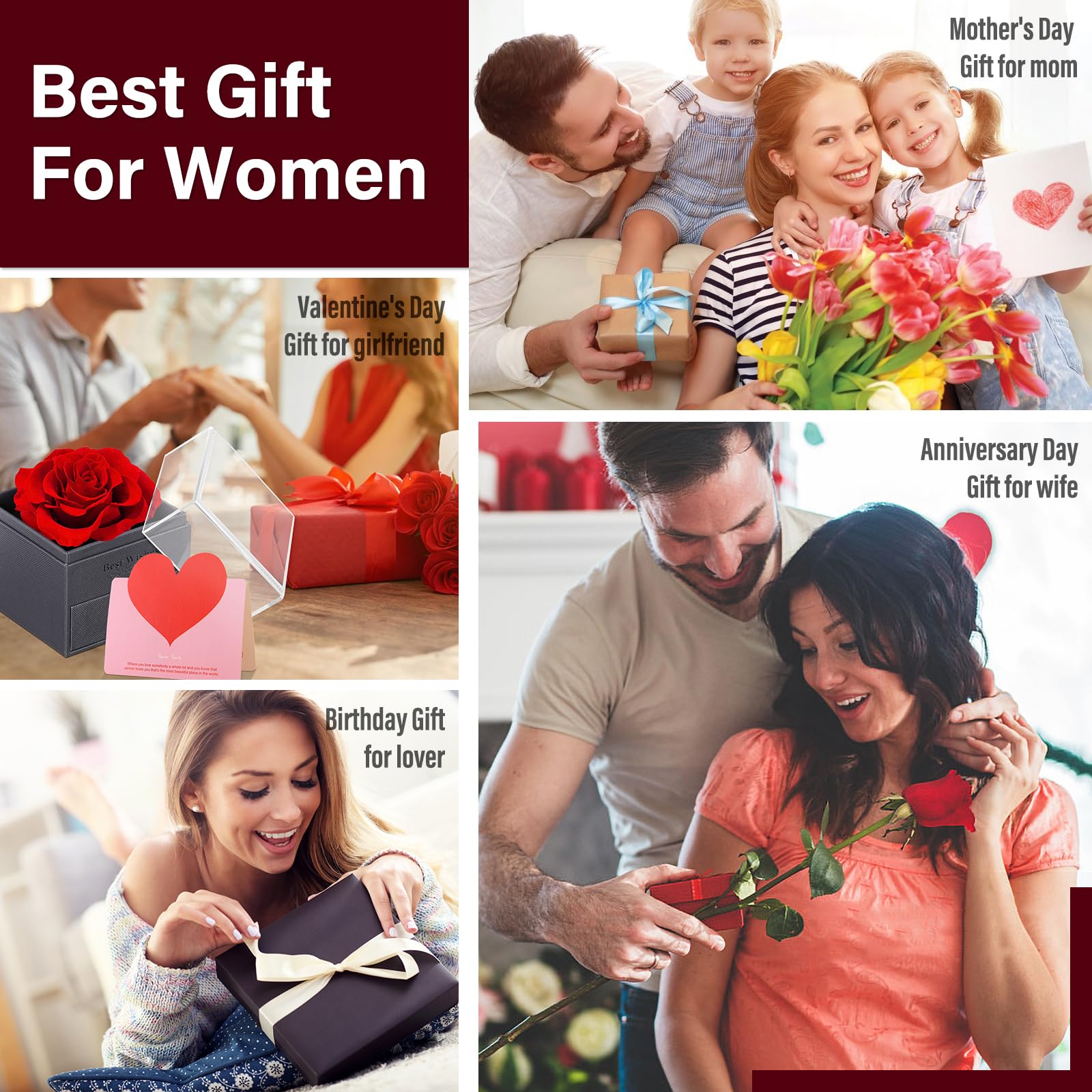 SWEETIME Eternal Rose Gift Box with 925 Sterling Silver Heart Necklace - Preserved Real Roses Jewelry Set for Women, Romantic Anniversary & Valentine's Day Present - Perfect for Birthday Surprise, Wedding Proposal & Romantic Date Night