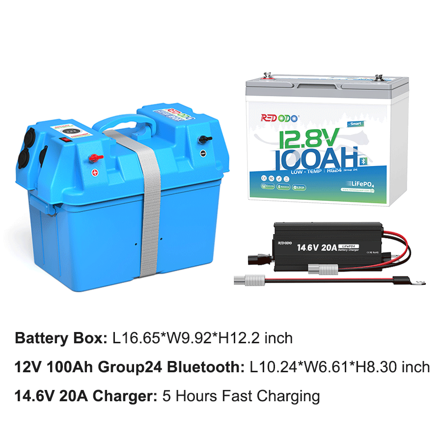 Redodo 12V 100Ah Group 24 Bluetooth LiFePO4 Deep Cycle Battery with Real-Time Monitoring - Perfect for RV, Marine, Solar Power Systems & Off-Grid Applications