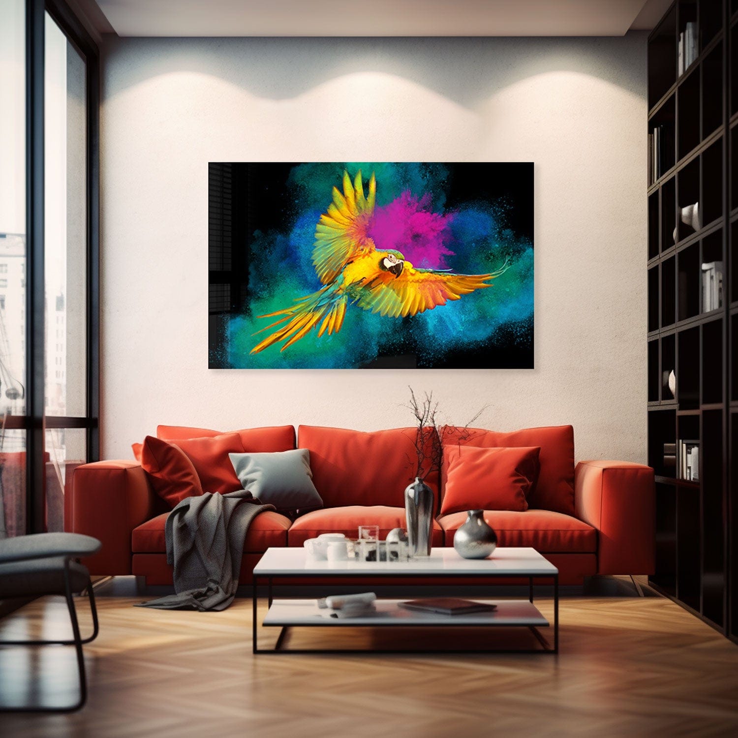 Rainbow Parrot Tempered Glass Wall Art - Vibrant Home Decor for Living Room, Bedroom & Office - Shatterproof Glass Painting for Modern Interior Design