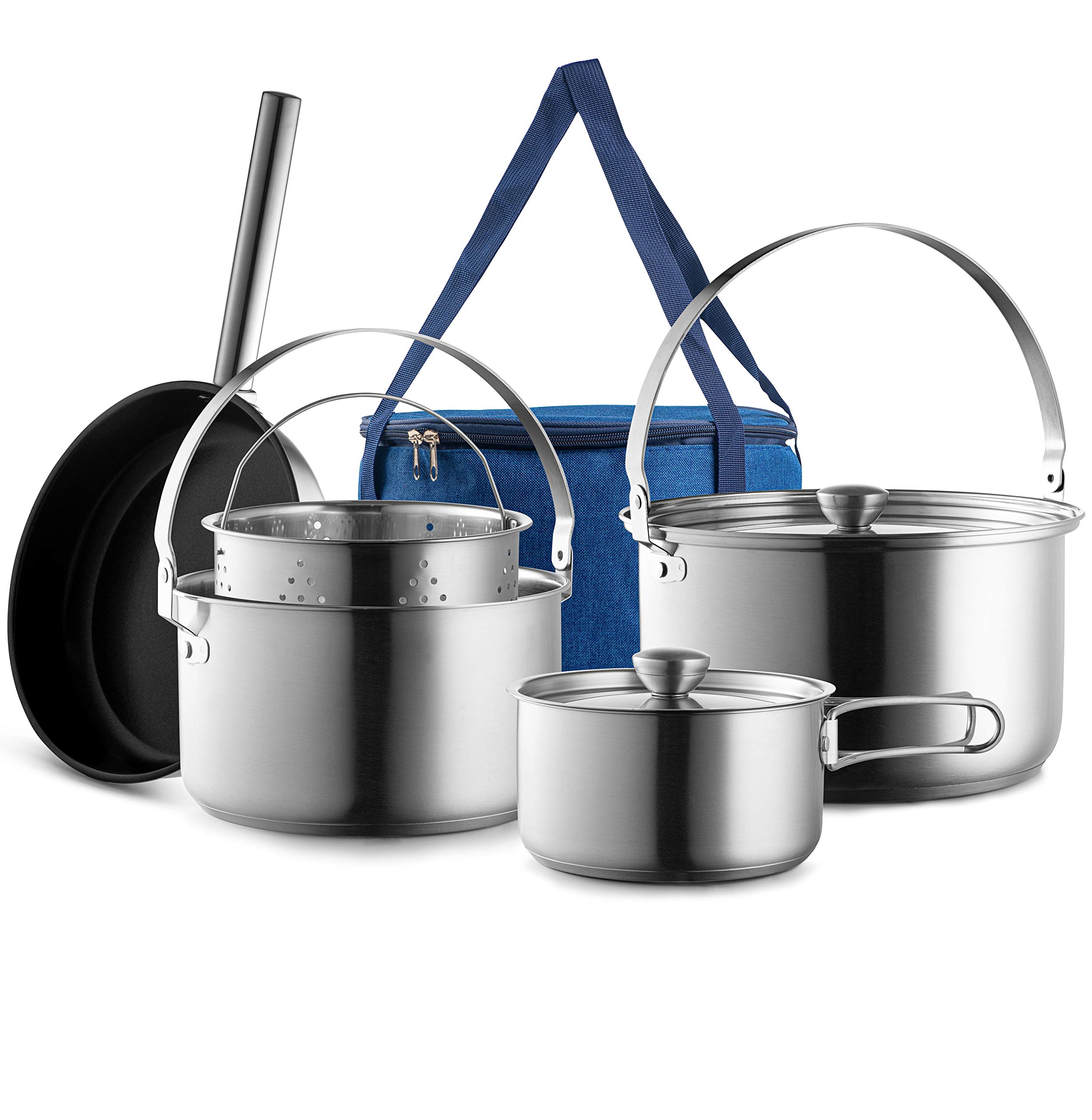 **304 Stainless Steel 8-Piece Camping Cookware Set - Pots, Pans & Frying Pan with Steamer | Portable Travel Tote Bag | Perfect for Outdoor Camping, Hiking, RV Trips & Indoor Kitchen Use**