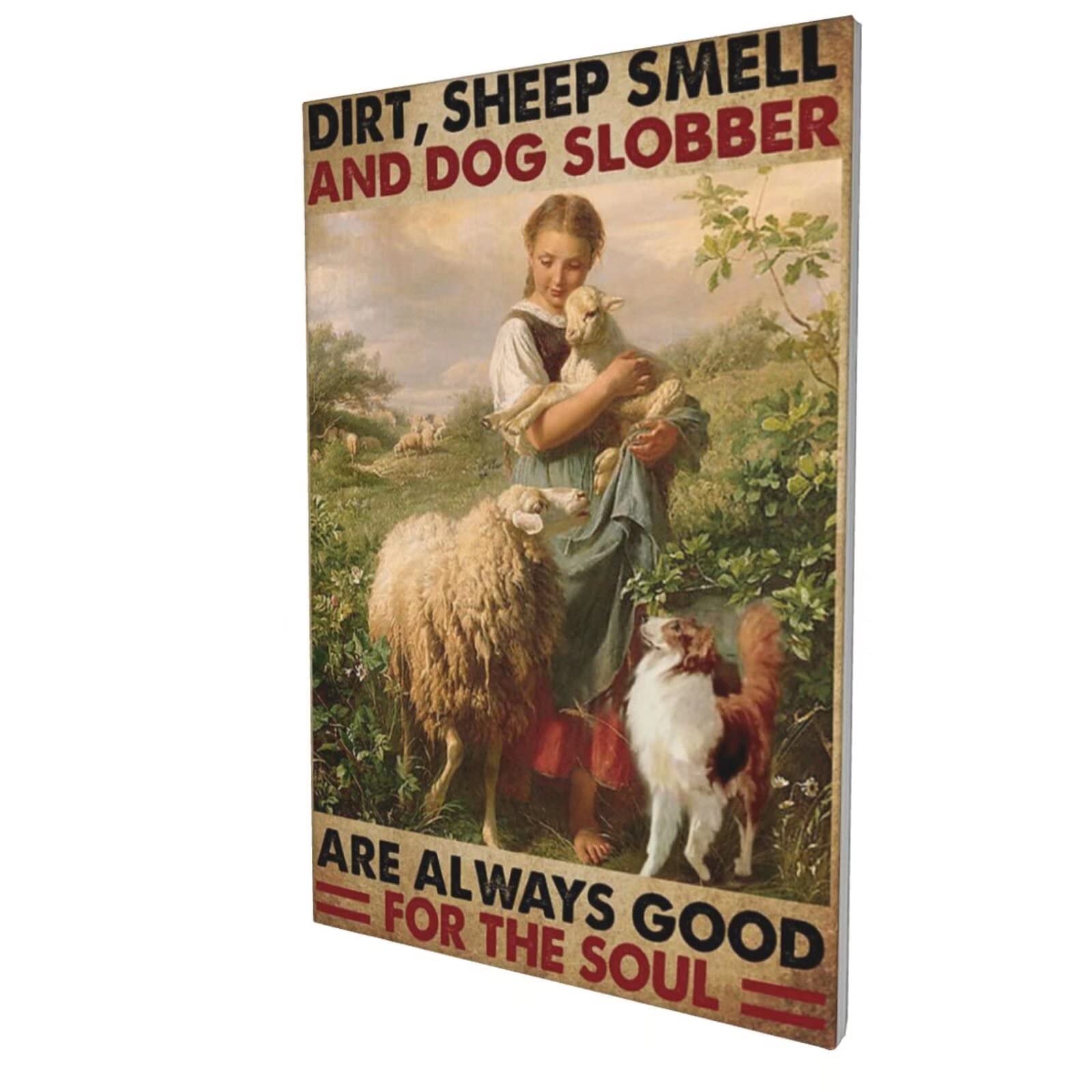 Vintage Sheep and Dog Art Canvas Painting - Rustic Farmhouse Wall Decor for Living Room & Bedroom - Funny Animal Themed Poster 12x16 Inch - Perfect for Country Style Home, Office & Gift Giving