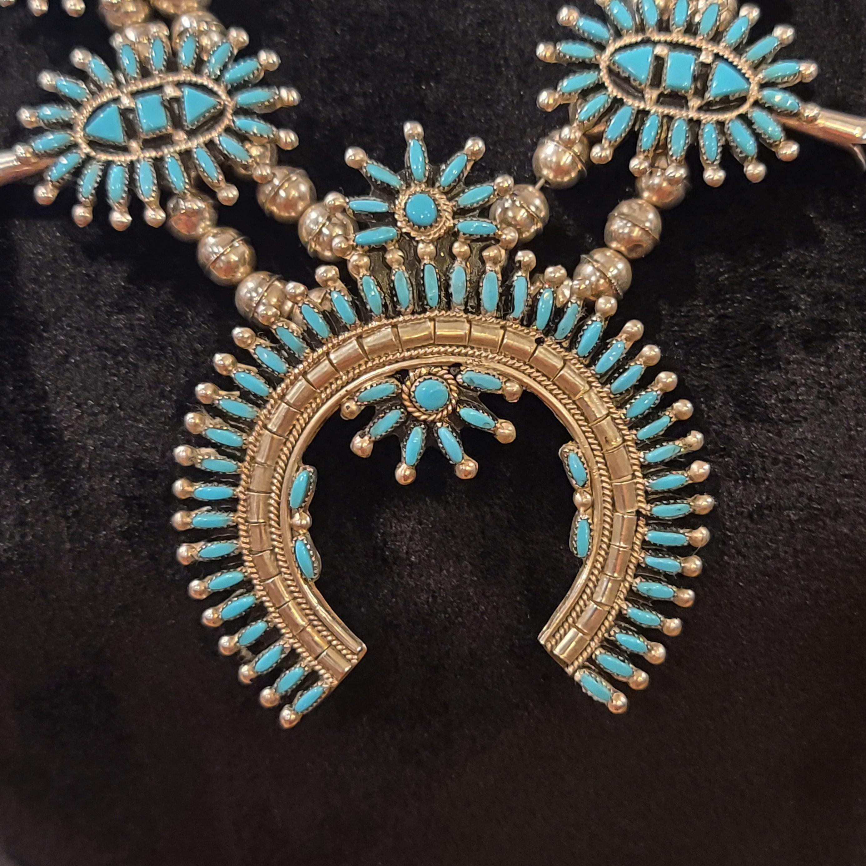 Authentic Zuni Needlepoint Squash Blossom Jewelry – Handmade Native American Turquoise Necklace for Women | Perfect for Festivals, Weddings & Boho Fashion