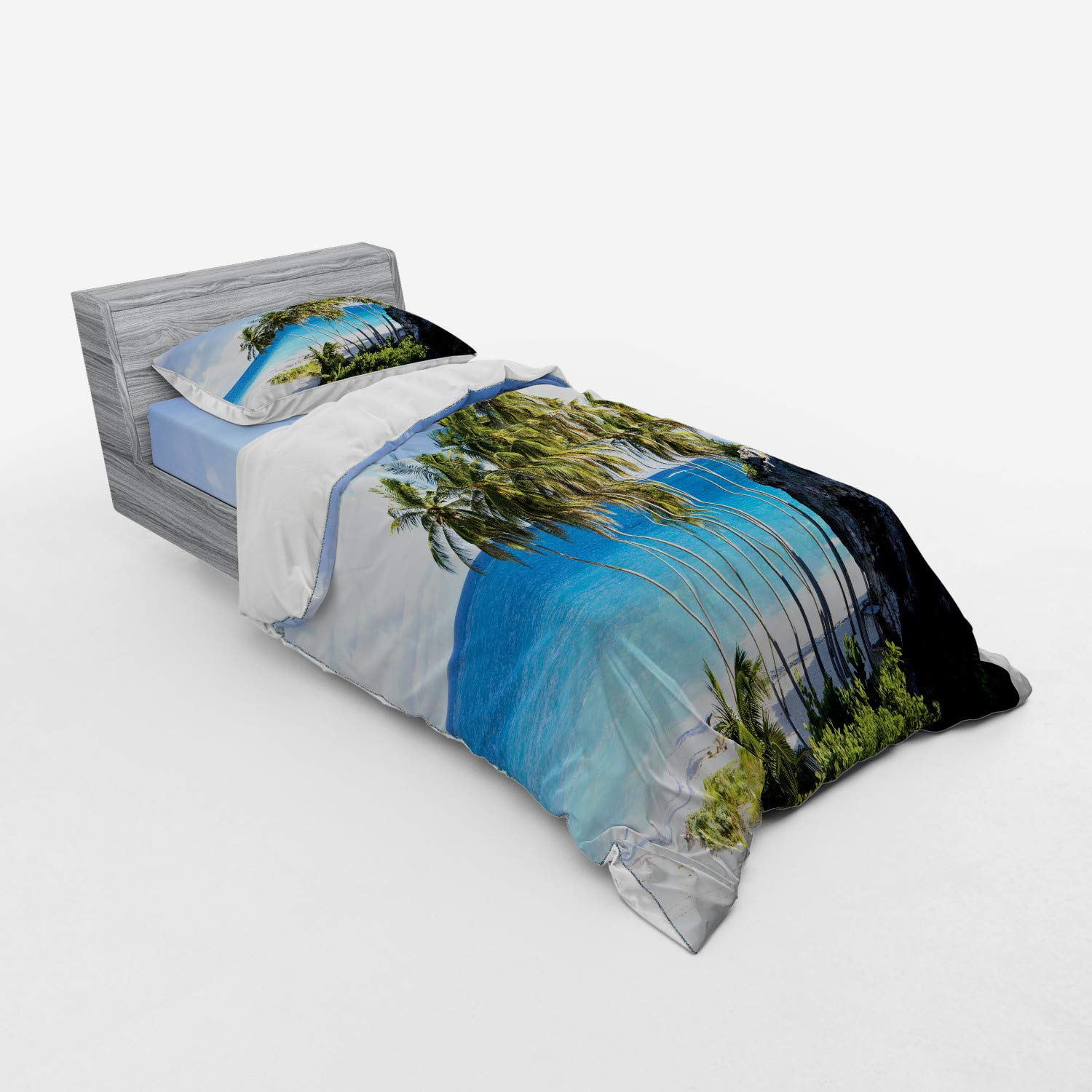Ambesonne 3-Piece Travel Duvet Cover Set - Caribbean Island Palm Tree Ocean Print Twin XL Bedding with Sham & Fitted Sheet | Tropical Beach Themed Bedroom Decor for Vacation Homes & Guest Rooms