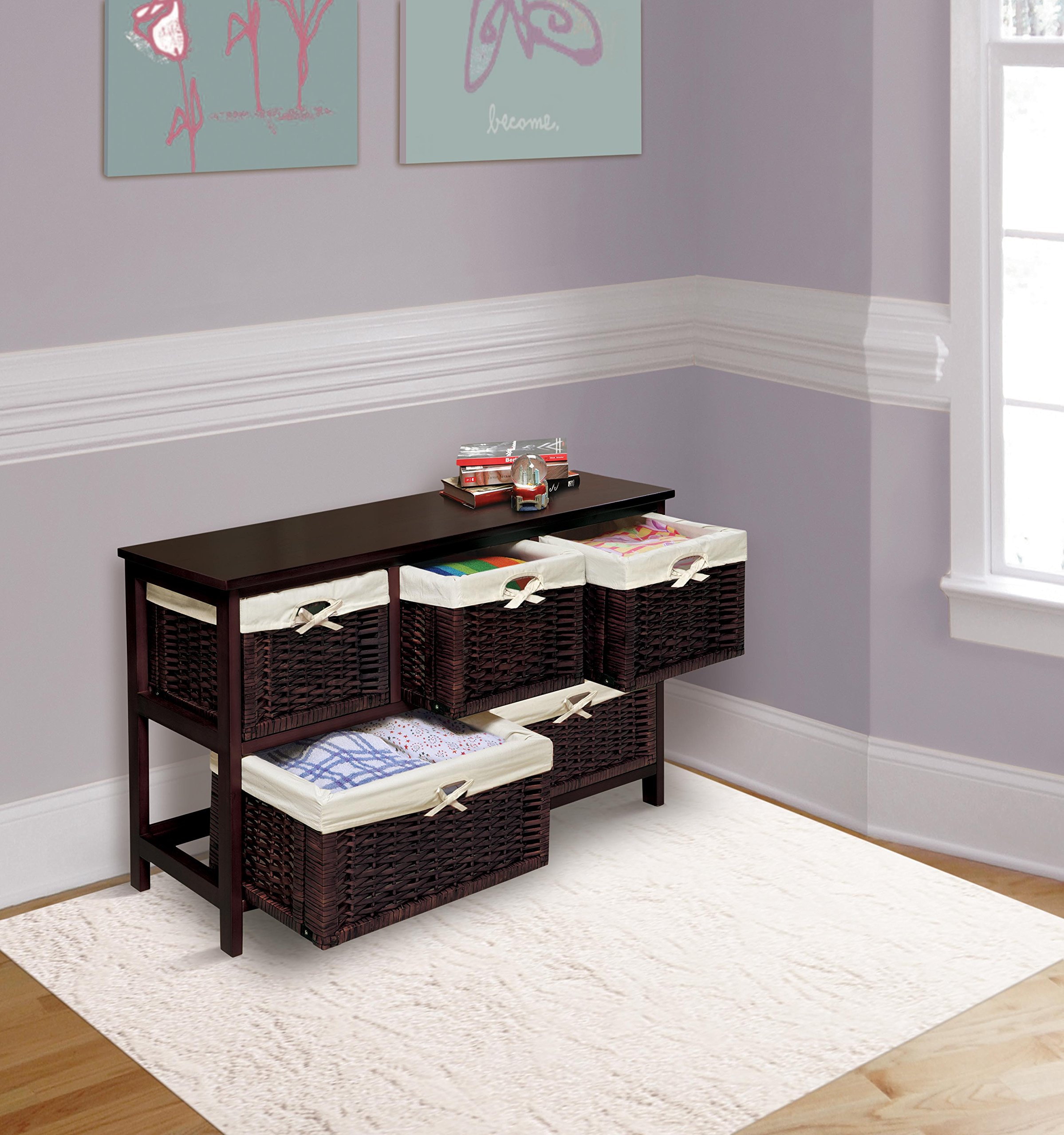 Badger Basket 5-Tier Wicker Storage Organizer with Washable Liners, Espresso Finish - Perfect for Nursery, Closet, Bathroom & Home Organization