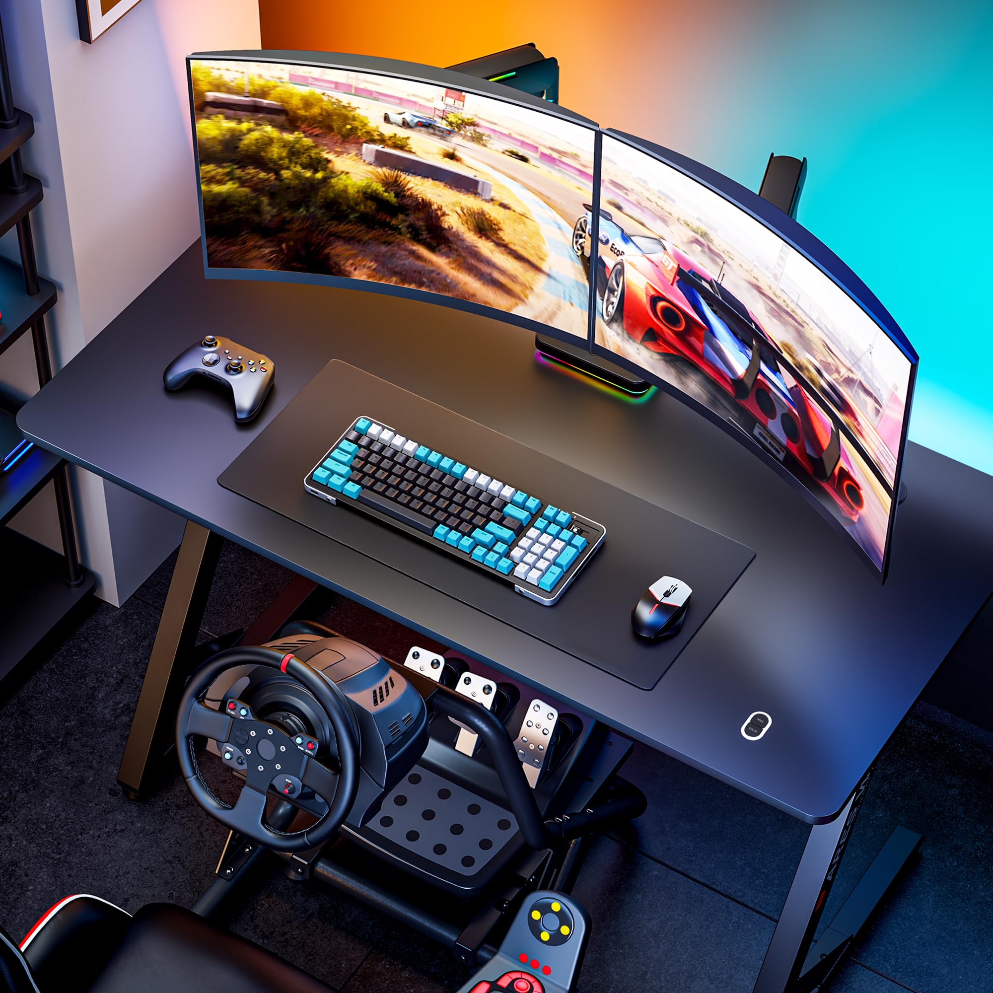 47 Inch ARES WING Gaming Desk with LED Lights & Cable Management - Ergonomic Carbon Fiber Computer Desk for Home Office & Gaming Room - Perfect for PC Setup, Streaming & Esports