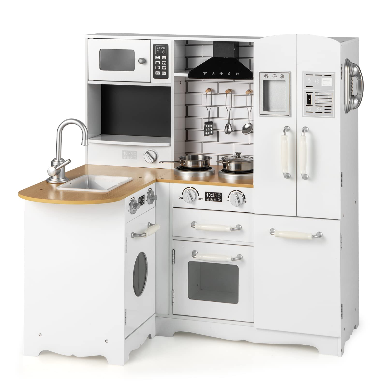 Costzon 11-in-1 Wooden Kids Kitchen Playset with Realistic Appliances - Pretend Play Toy Kitchen Set with Washing Machine, Microwave, Oven, Stove & Refrigerator for Toddlers Boys & Girls - Perfect for Role Play, Preschool Learning & Home Entertainment