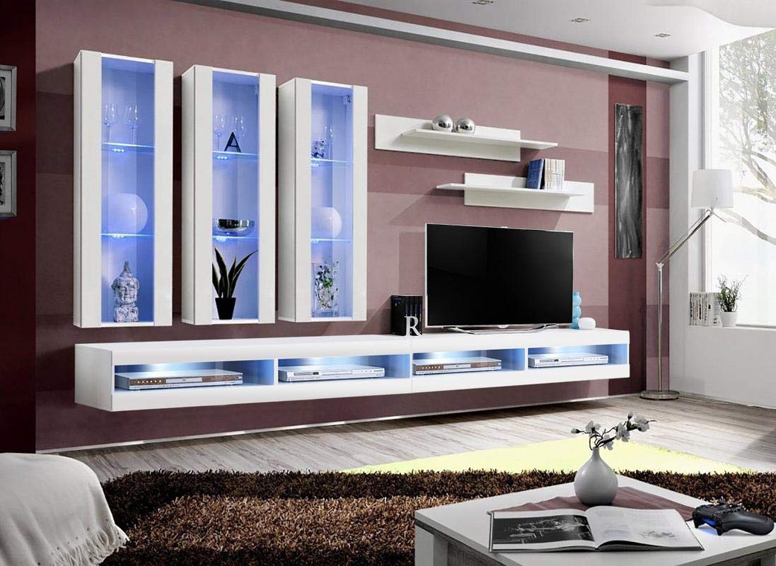 Modern White Wall-Mounted TV Stand with Storage Shelves & LED Lights - 34