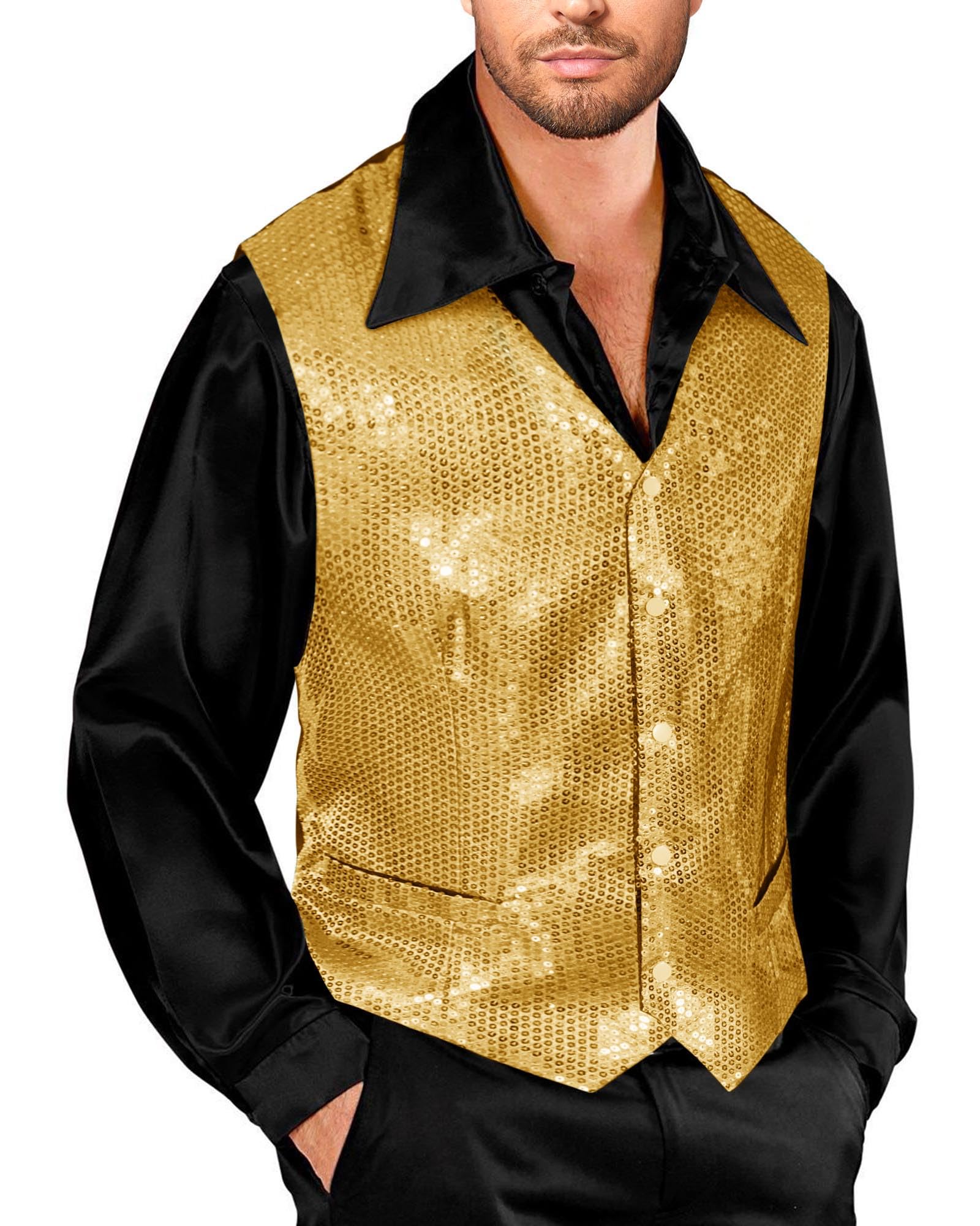 Beotyshow Men's Sequin Vest - Elegant Dress Suit Waistcoat with Pockets for Prom, Party & Tuxedo | Perfect for Weddings, Nightclubs & Formal Events