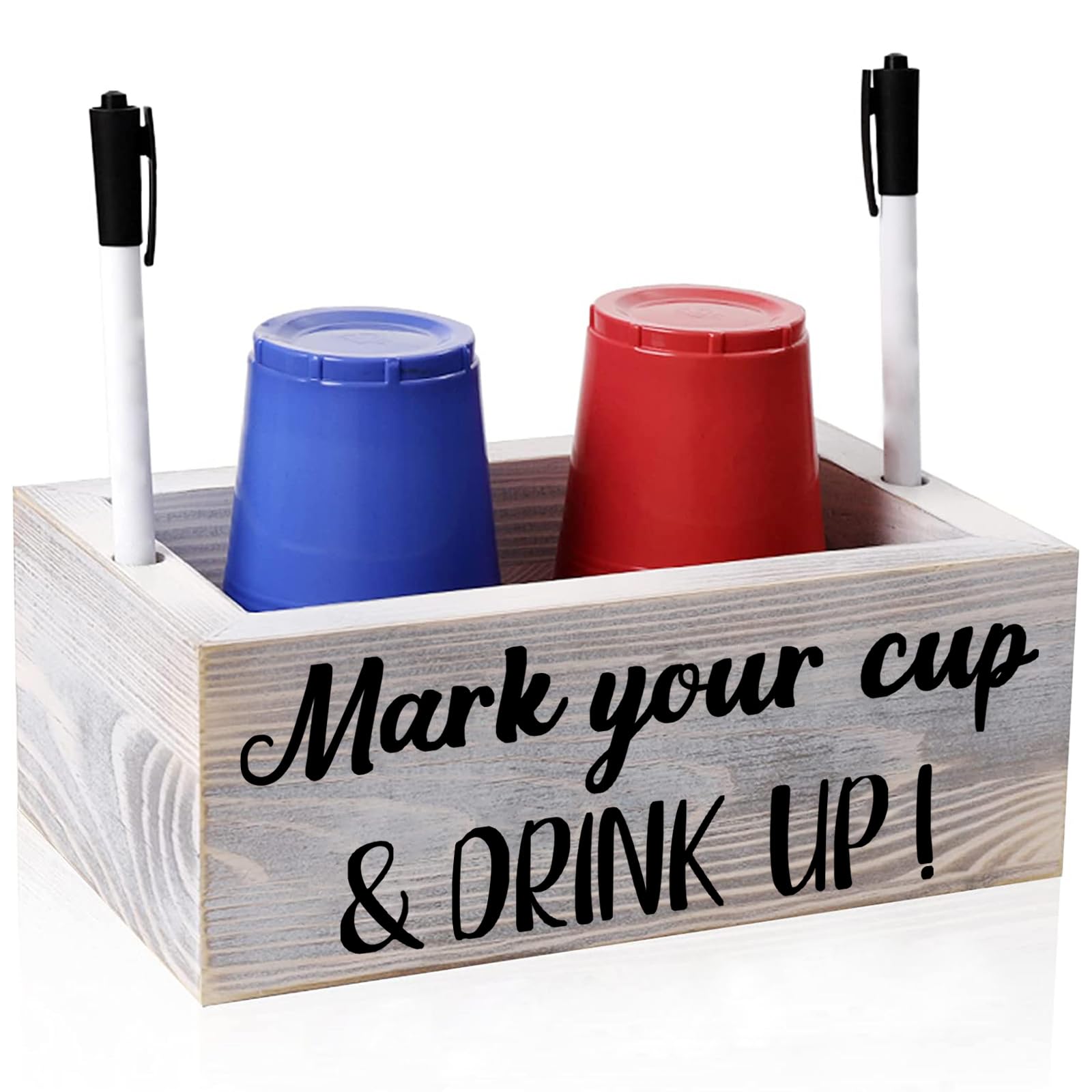 Double Solo Cup Holder with Marker Slot - Wooden Drink Dispenser for Parties, Farmhouse Bar & Holiday Decor (2-Sided Design) - Perfect for Christmas, Housewarming & Hostess Gifts - Keep Track of Your Drink at Gatherings