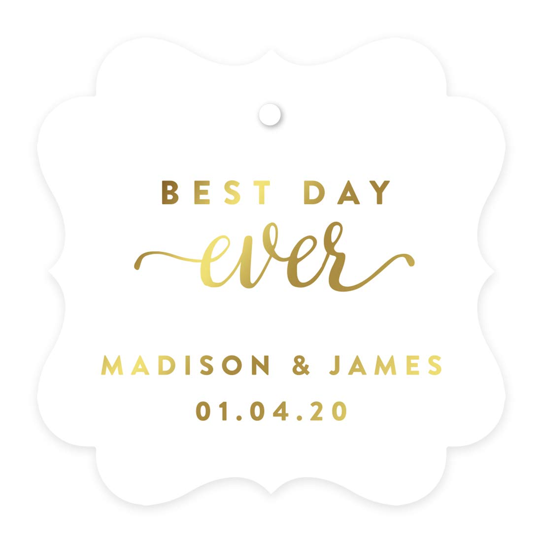 Personalized Gold Wedding Gift Tags - Custom Name Fancy Frame Square Tags with Metallic Gold Ink - 24-Pack for Bridal Shower, Anniversary & Special Events Decorations - Best Day Ever Keepsake