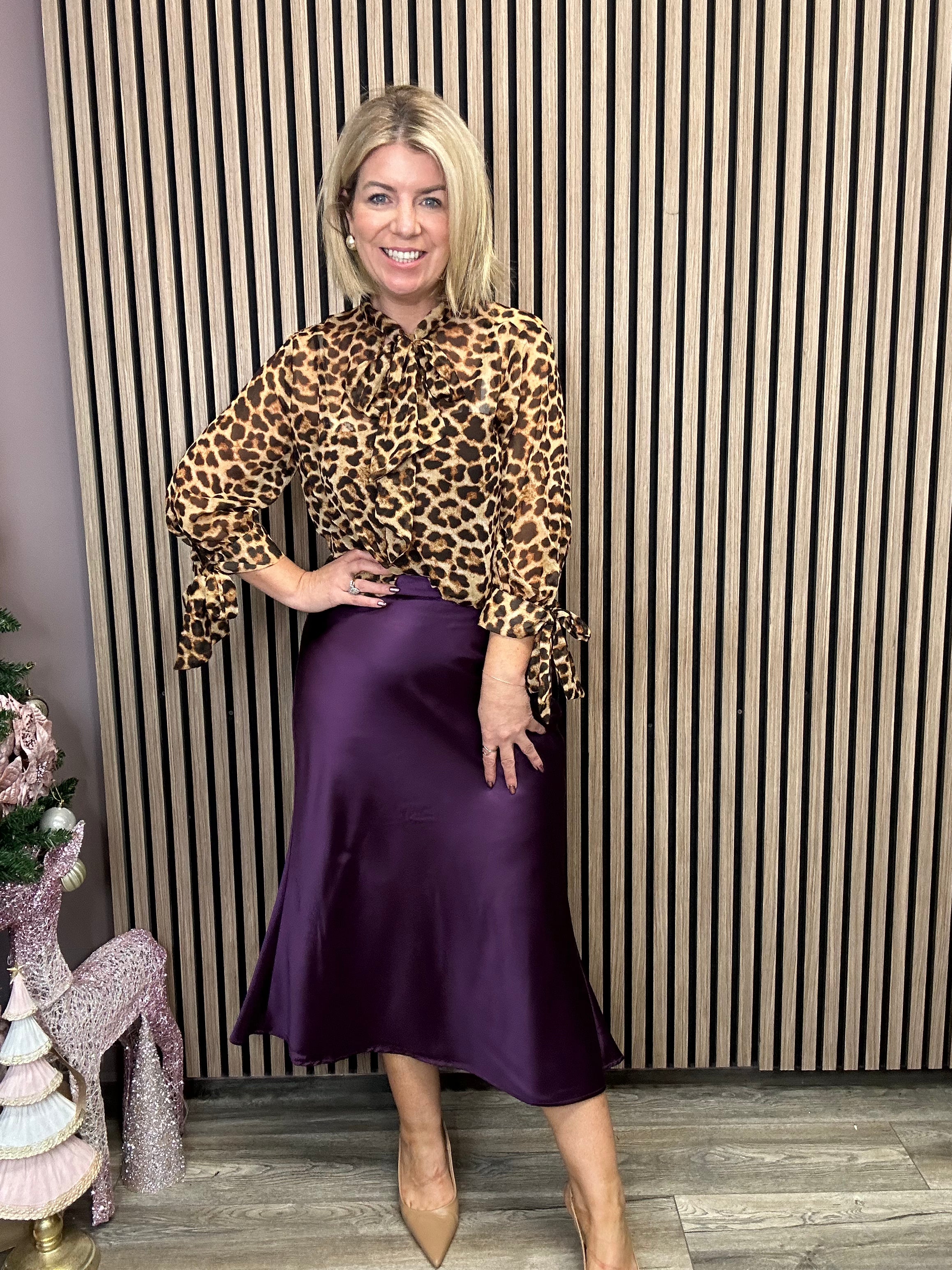 Ester Blouse for Women - Grey Sand & Leopard Print Flowy Top - Perfect for Office Wear, Date Night & Casual Outings
