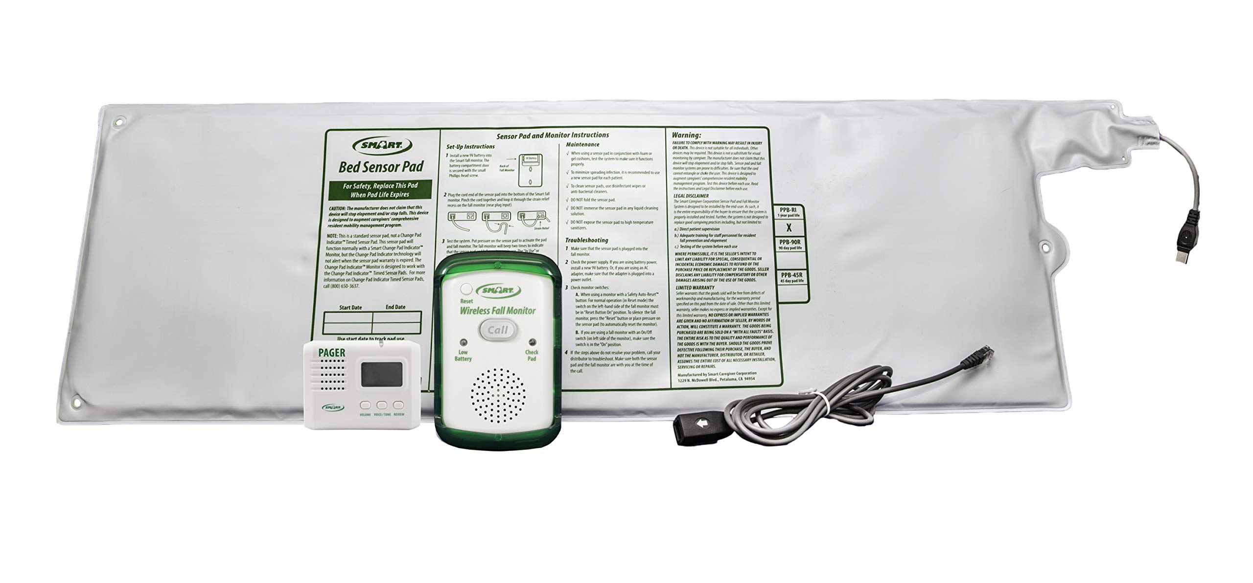 SMART CAREGIVER WMBR1-SYS Wireless Call Monitor System with 10x30 Inch Bed Sensor Pad & LCD Pager - Elderly Care & Patient Monitoring Solution for Home & Healthcare Facilities