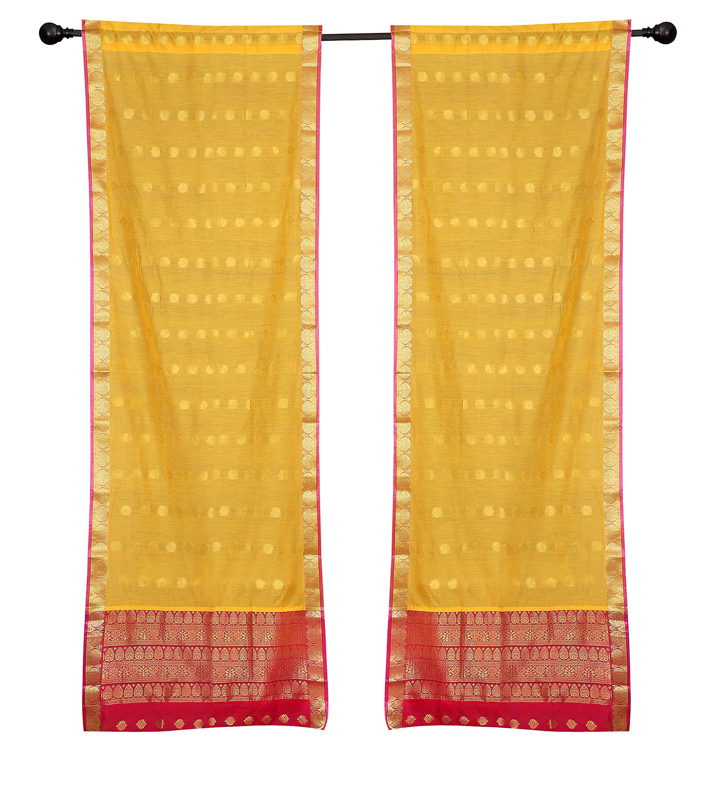 2 Lined Yellow Bohemian Indian Sari Curtains with Rod Pocket - 80W x 120L for Living Room, Bedroom & Boho Home Decor