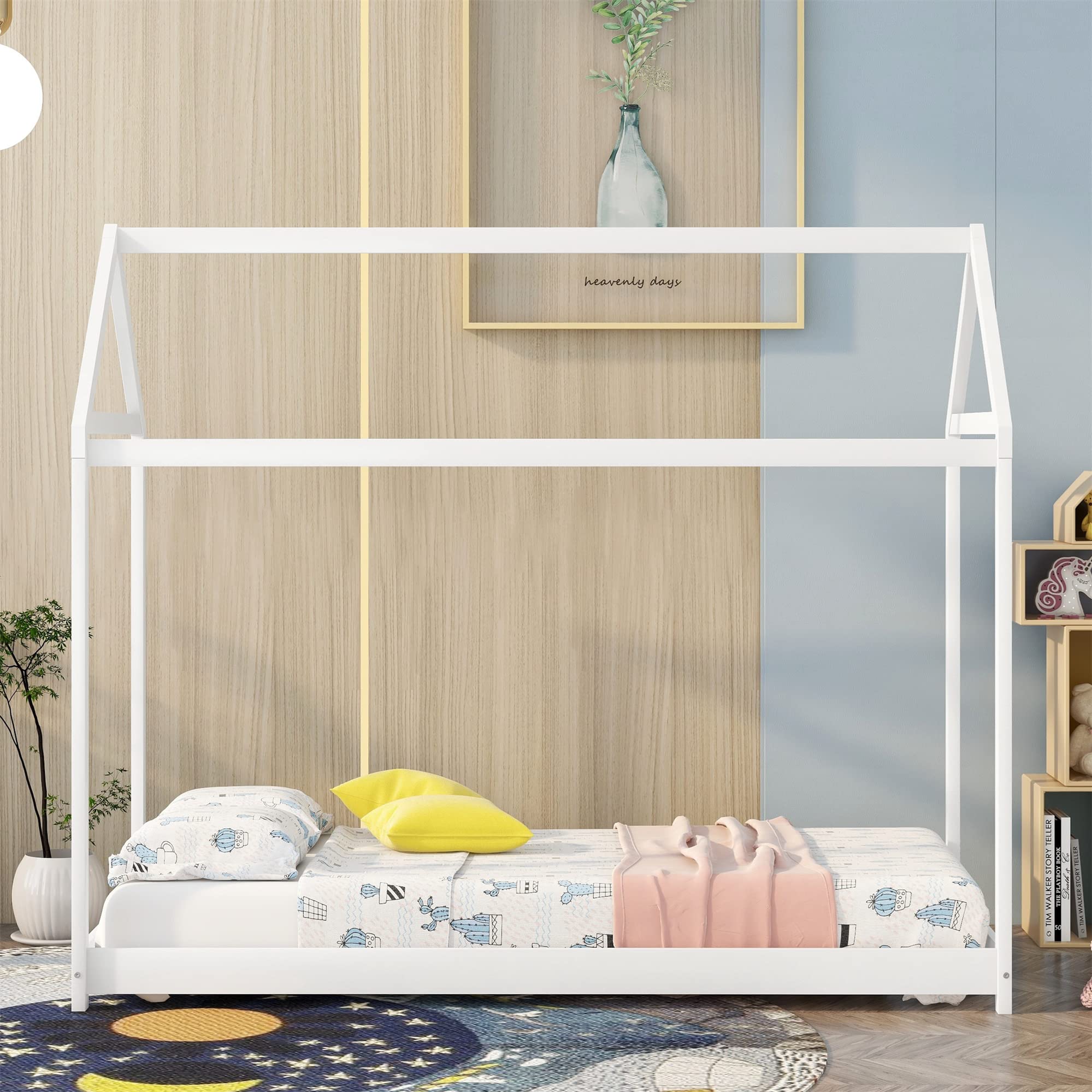 Montessori Twin House Floor Bed for Kids - Solid Wood Twin Bed Frame for Boys & Girls - White - Perfect for Playrooms, Bedrooms & Montessori Learning Spaces