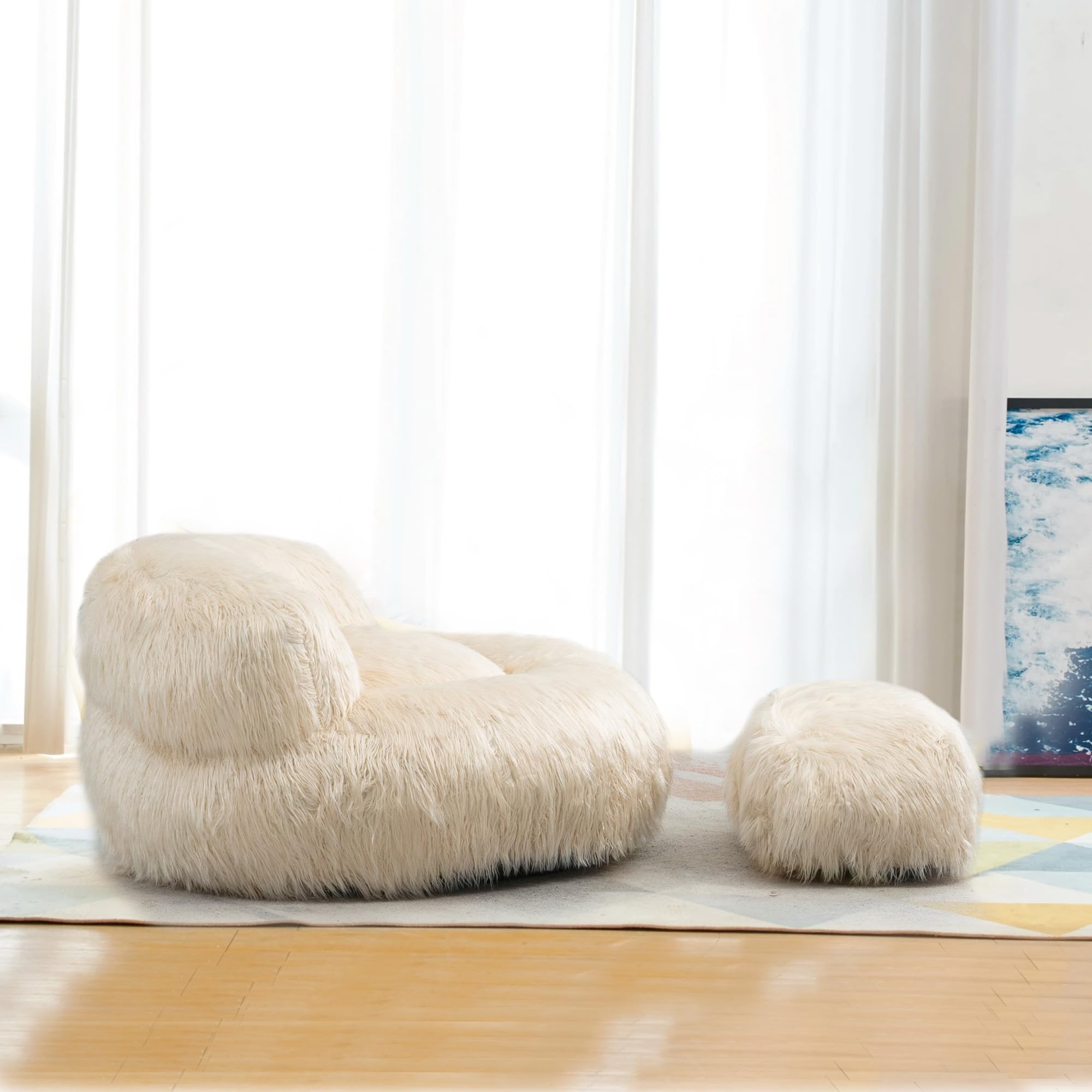 Soft Fluffy Faux Fur Bean Bag Chair with Ottoman - Large Shaggy Plush Lazy Sofa Bed for Living Room, Bedroom & Home Office - Modern Accent Furniture for Relaxing, Gaming & Lounging (Beige)