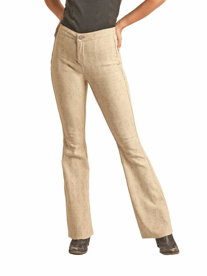 Women's Reversible Rock & Roll Denim Flare Pants with Button Front & Boot Stitch Detail - Natural Wash for Casual Wear and Music Festivals