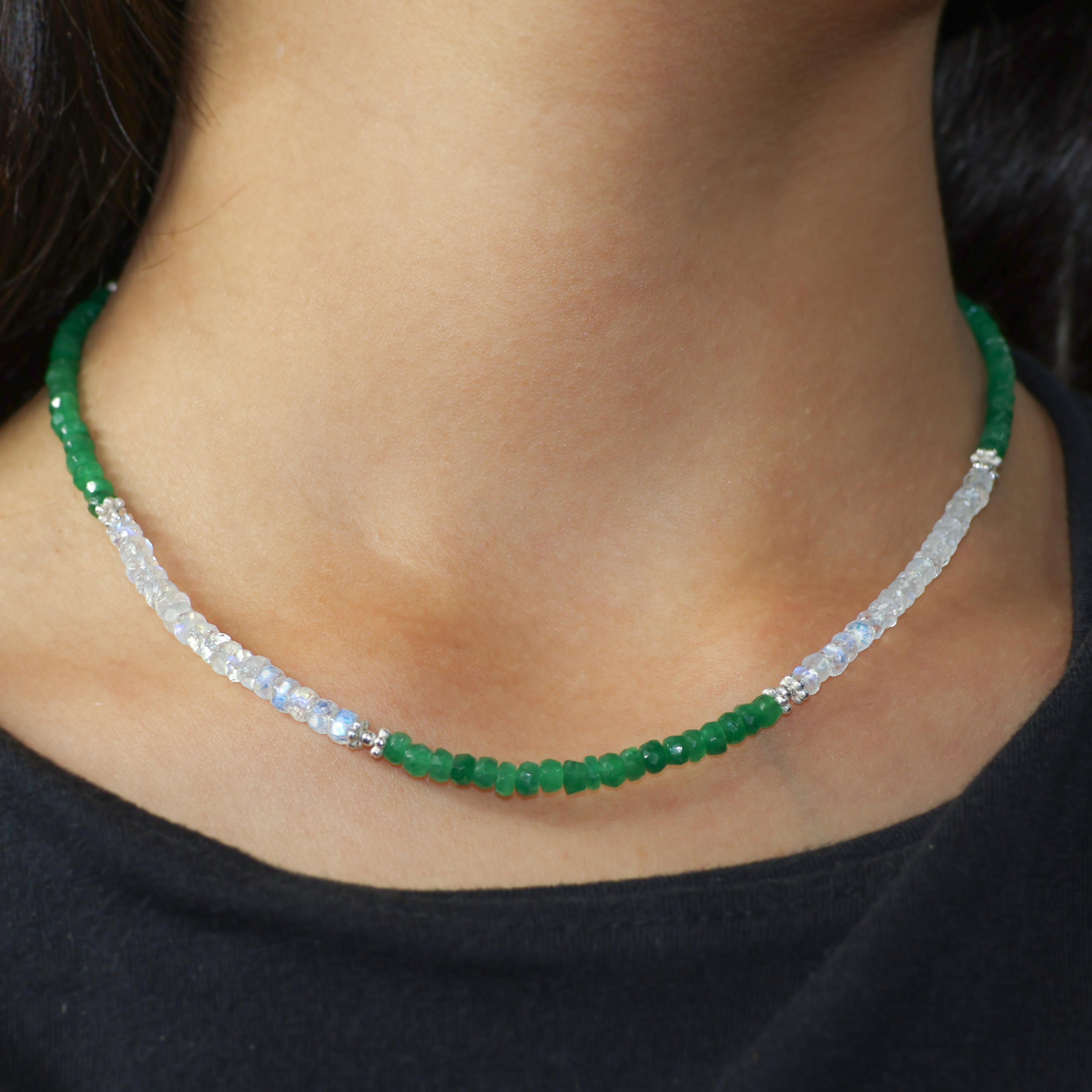 Natural Emerald and Rainbow Moonstone Beaded Necklace - Elegant Handmade Jewelry for Women, Perfect for Weddings, Parties & Special Occasions