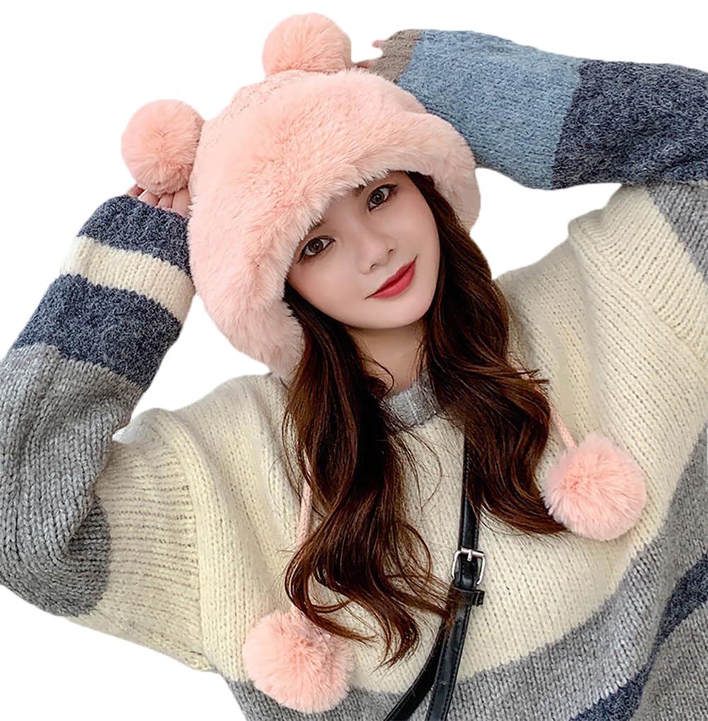 Women's Winter Pompom Beanie Hat - Soft Fluffy Knit Faux Fur Crochet Skull Cap with Ear Warmers for Cold Weather | Cozy Outdoor Activities, Snow Days & Fashion Accessory