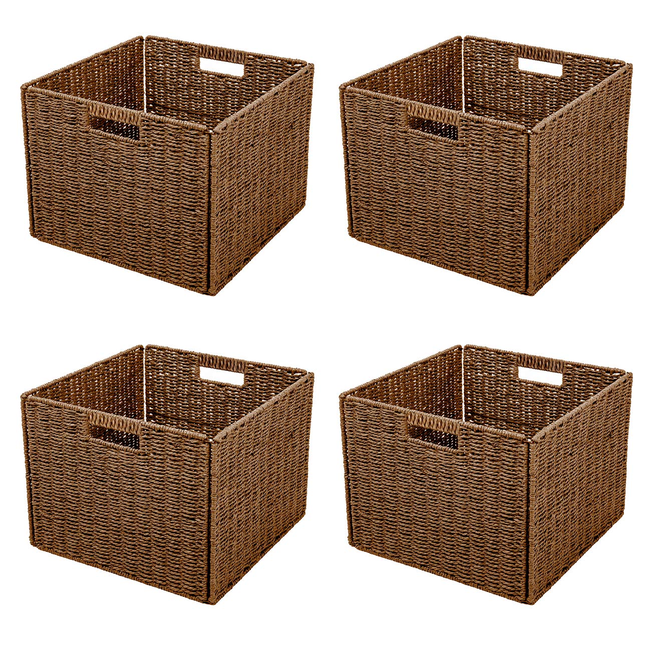 Trademark Innovations Foldable Storage Basket Set of 4 - Brown Woven Iron Wire Frame Organizer Bins for Home, Office, Closet & Laundry Room Organization