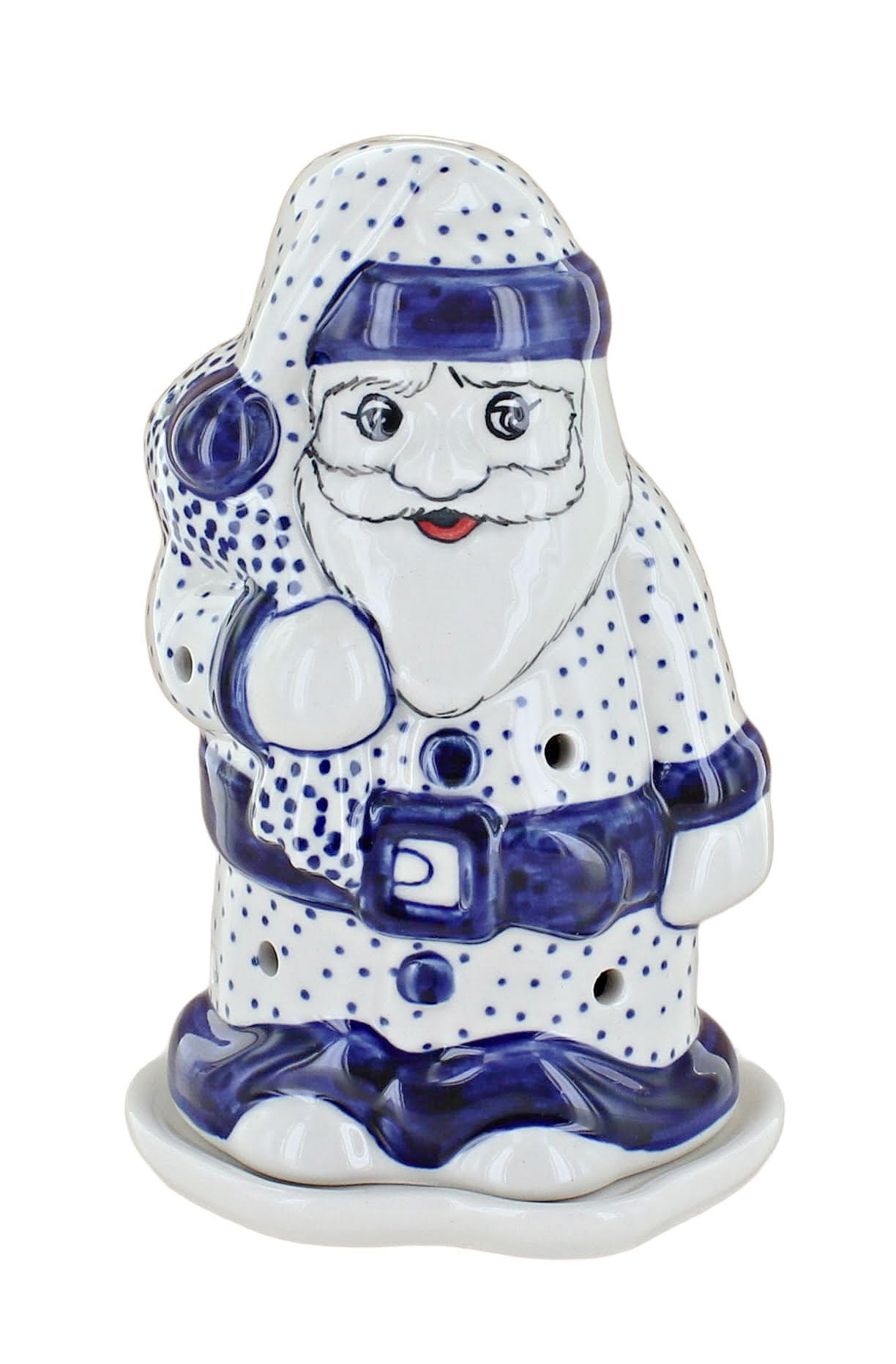 Blue Rose Polish Pottery Small Dots Santa Luminary - Handmade Ceramic Christmas Candle Holder for Holiday Decor, Gift & Table Centerpiece - Perfect for Fireplace Mantel, Windowsill & Festive Home Decor