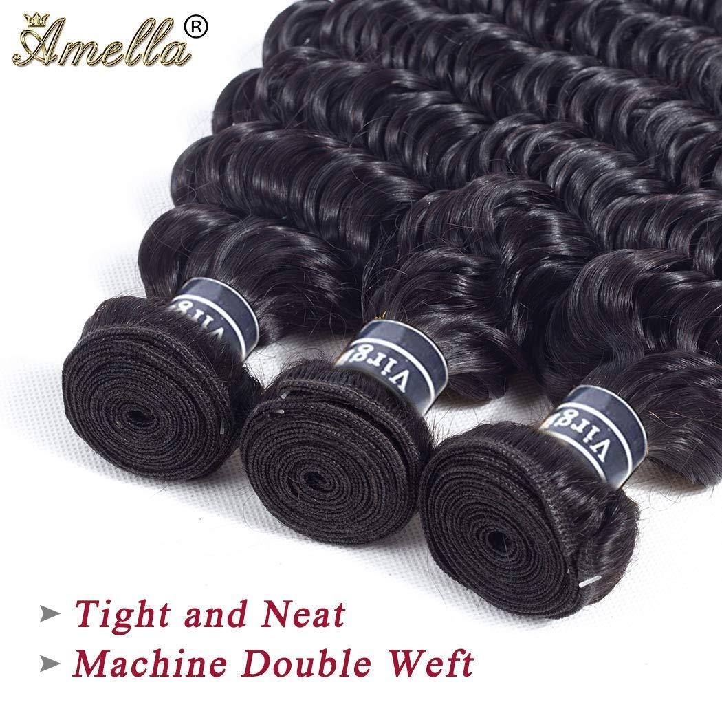 Amella Hair 8A Grade Brazilian Deep Wave Virgin Hair 3 Bundles - 100% Unprocessed Remy Human Hair in Natural Black (18, 20, 22 Inches) for Weaving, Extensions & Styling - Perfect for Daily Wear, Parties & Special Occasions