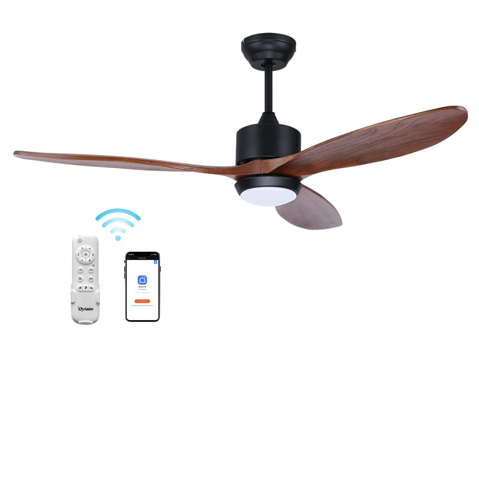 Ovlaim 60 Inch Smart Ceiling Fan with Lights & Remote Control - High CFM Quiet DC Motor, Walnut Wood Blades - Indoor/Outdoor Use for Living Room, Bedroom, Patio & Covered Porch