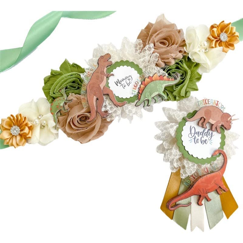 Dinosaur Baby Shower Maternity Sash for Mom to Be - Ivory, Brown & Green Dinosaur Theme Sash with Matching Dad Pin | Perfect for Baby Showers, Gender Reveals & Maternity Photos