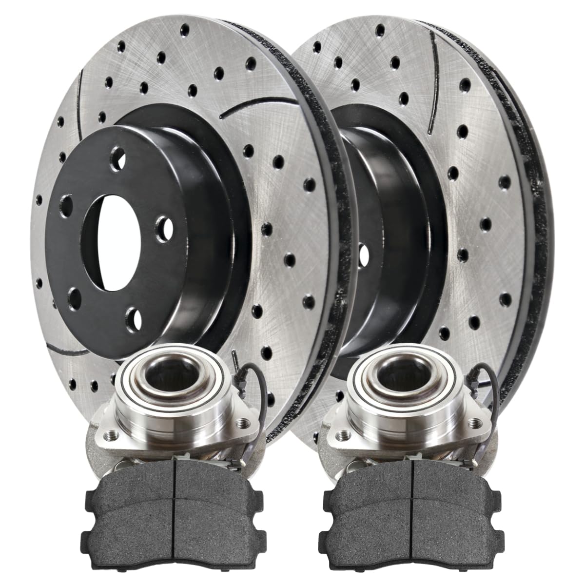AutoShack Front Wheel Bearing Hub Assembly Pair with Drilled & Slotted Brake Rotors & Ceramic Pads - Compatible with Pontiac Torrent 2002-2007, Saturn Vue 2005-2006, Chevrolet Equinox FWD (BRKPKG637) - Perfect for Performance Upgrades & Smooth Braking in City Driving & Highway Conditions